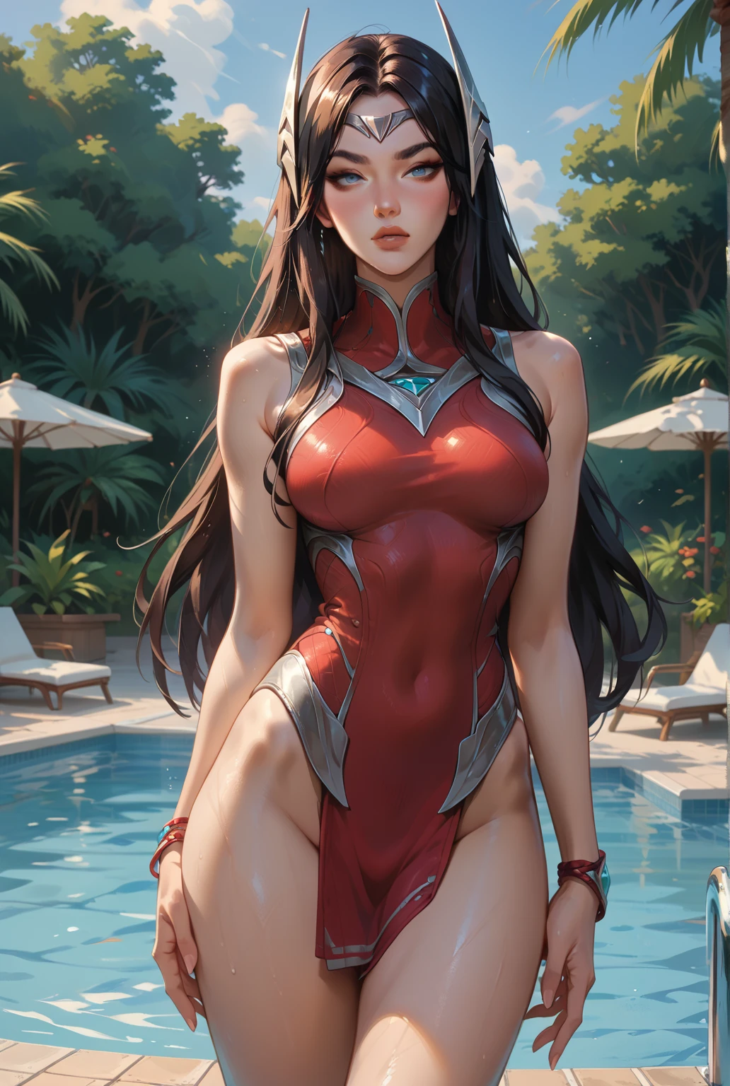 realistic, 1girls, best quality, 12k, HD, long hair, big round breasts, cleavage, ponytail, necklace, jewelry, shorts, short jacket, slim hips, hair tie, yellow eyes, black hair, super detailed, Detail eyes, hair details, person details, mouth details, face details, breast details, clothes details, hair details, pants details, hand details, whole body