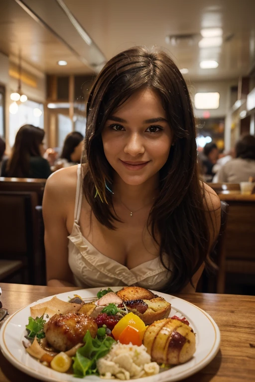 a sweet girl in a restaurant, ultrarealistic sweet, hyper realistic, realism, sunlit, cinematic, perfect contrast, high shar pness, depth of field, ultra detailed photography, global ill umination, smooth, ultra high definition, 8k, unreal engine 5, ultra sharp focus, award winning photograph, selphie, dinner
