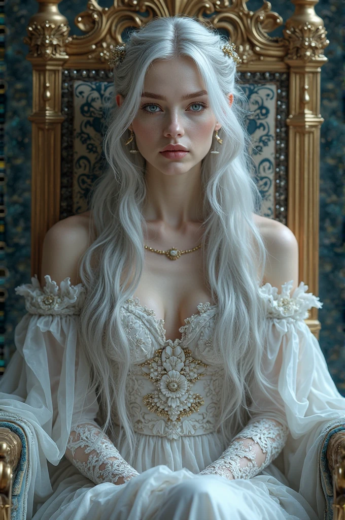 A silver-haired girl in a white dress sits on a chair, Anya Taylor - The Vampire Queen of Joy, gothic princess portrait, 4k HD. Snow-white hair, soft devil queen madison beer, Inspired by Elsa Bleda, Beautiful and elegant demon queen, Very beautiful top model, tom bagshaw style, Beautiful vampire queen, Portrait of the Queen