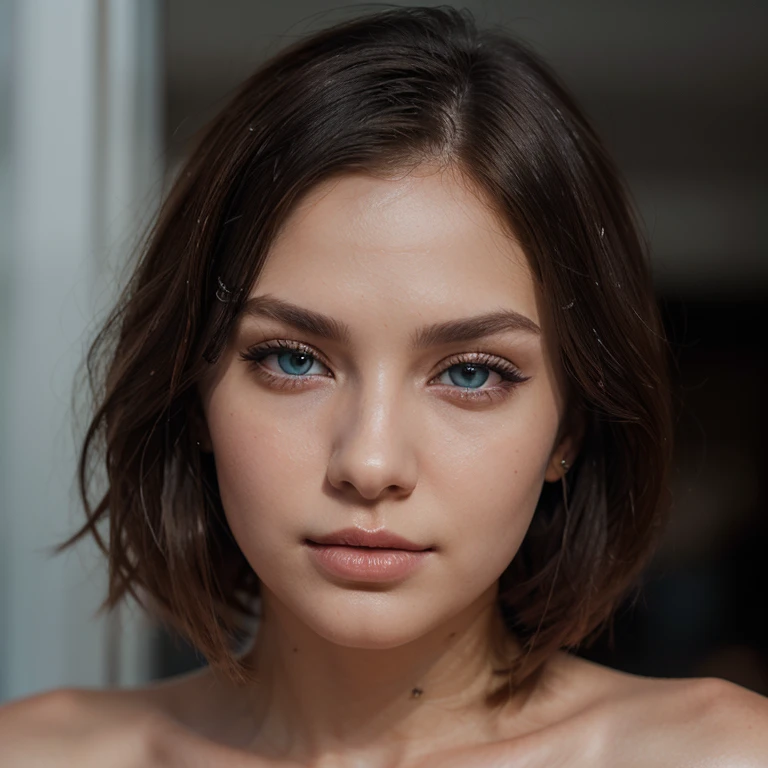 beautiful italian girl, 16 years old, sad, (short light brunette hair), ((light blue eyes)), (naked small breast), (bedroom), , (((supermodel face))), slim, thin pointy nose, wide lips, thin face, big eyes, high-res, masterpiece, best quality, intricate details, highly detailed, sharp focus, kodak vision color, extremely detailed,realistic, max detail, roughness, real life, ultra realistic, photorealism, photography, 8k uhd, photography, 
