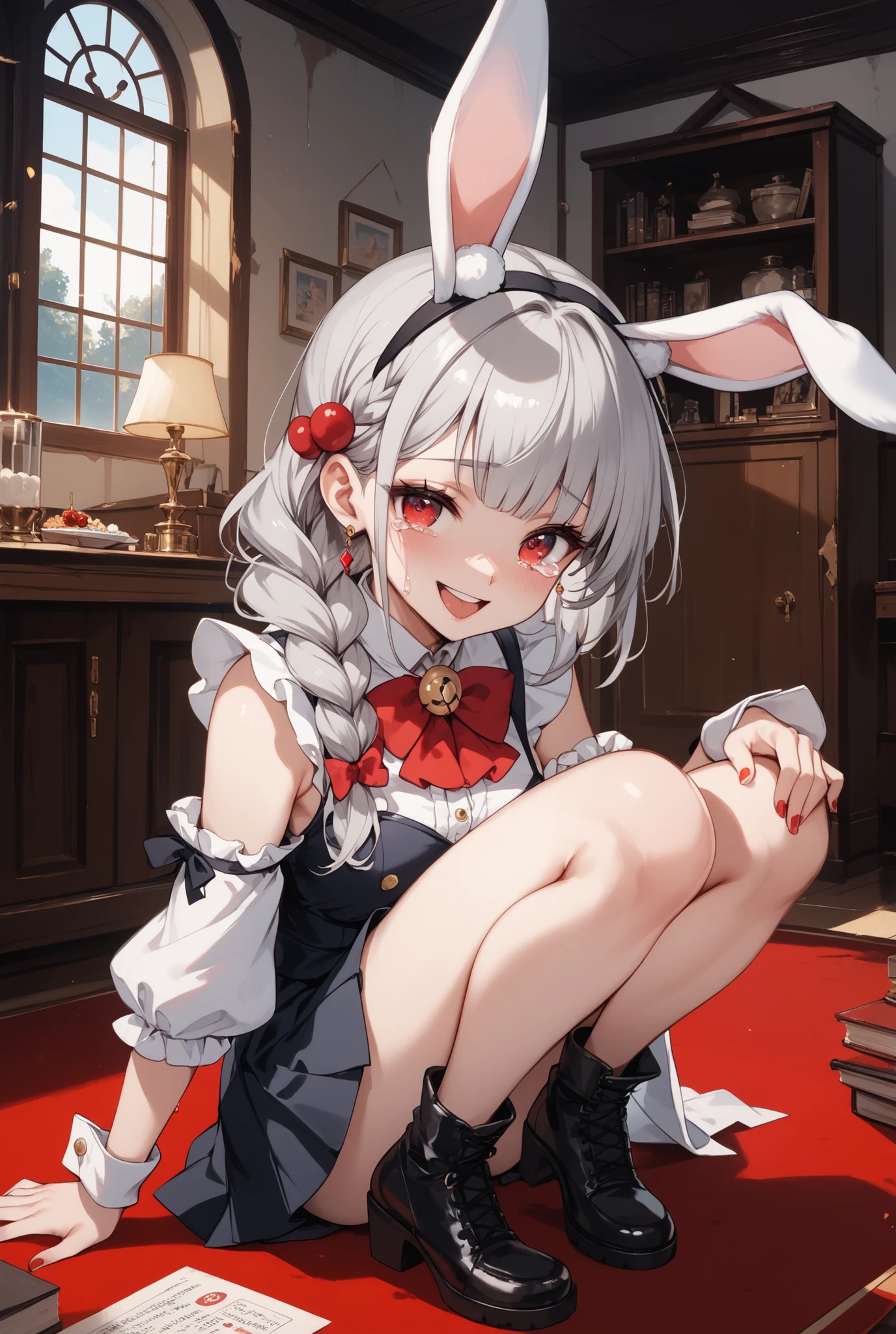 1girl, solo, room, ((masterpiece)), best quality, perfect face, (perfect anatomy), extremely detailed, rabbit girl, rabbit ears, (white ears), rabbit tail, heterochromia, narrowed hair, hair bun, short hair, magic, sitting on a chair, looking away