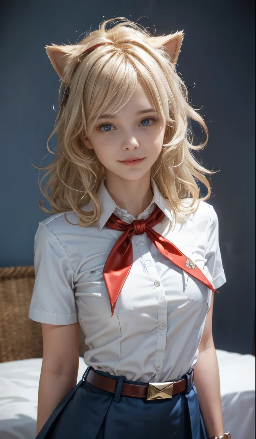 blury background, masterpiece, 16k, high detailed picture, cold light, very young slim fit girl, full height, rounded face, (long curly disheveled blond hair:1.2), big blue eyes, shy smile, perfect medium breast, band on head with fake cat ears, monroe, pioneer neckerchief, short tight blue pleated skirt, bangs, tight white shirt, short sleeves, collared shirt, belt, red neckerchief, breast pocket