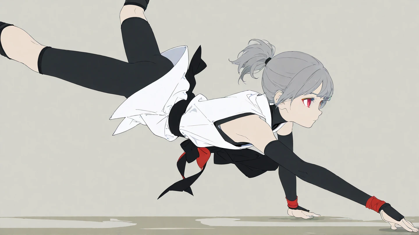Tall, slim, She has long grey hair tied back in an enormous, messy ponytail that reaches down to her thighs, some of her hair is covering one of her eyes, she wears a red jacket over a black full-body suit, golden eyes