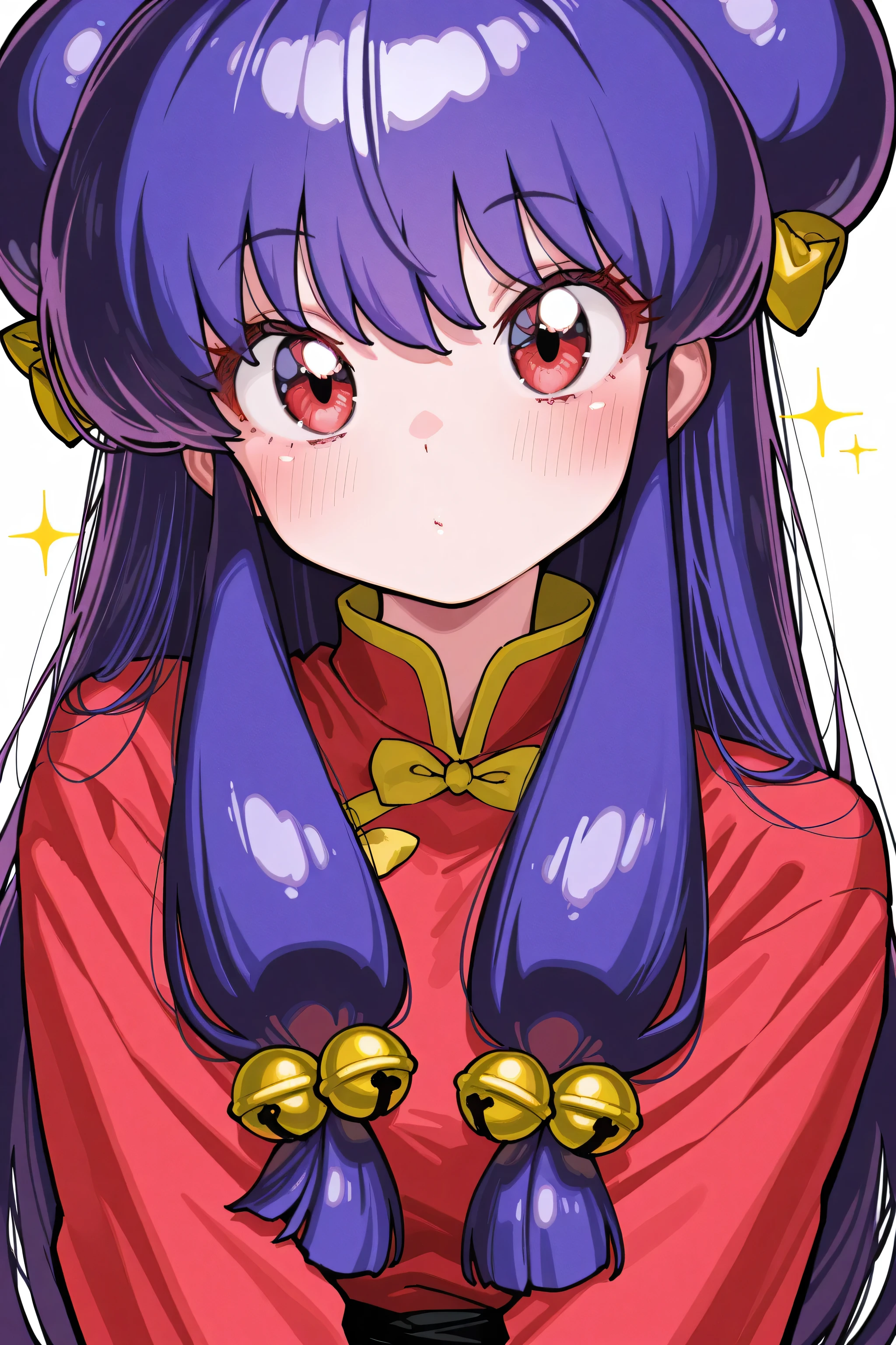 ,kmj-anonstyle, [artist:yoneyama mai], [artist:kanzarin], [artist: ekrea_jan], masterpiece,best quality,amazing quality, 748cmstyle, solo, anime style, eye focus, ranma 1/2, shampoo (ranma 1/2), 1girl, bell, blush, chinese clothes, double bun, dress, hair bell, hair bun, hair ornament, long hair, looking at viewer, purple hair, red dress, sidelocks, simple background, solo, sparkle, upper body, white background