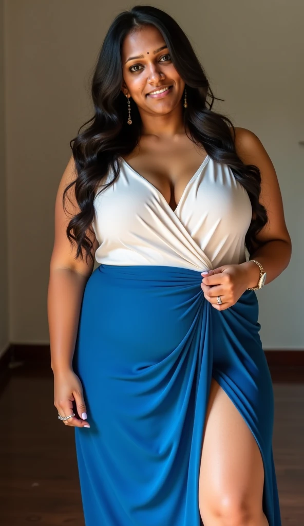 a South Indian woman in a transparent light blue colour dress is walking in a field, alluring plus sized model, attractive feminine curves, jaw dropping beauty, giant stunning goddess shot, nightgown, sexy gown, jaw-dropping beauty, curvy, curvy model, moonlight night, plus size, moonlit night, in the moonlight, in night, at night with moon light, very curvy
