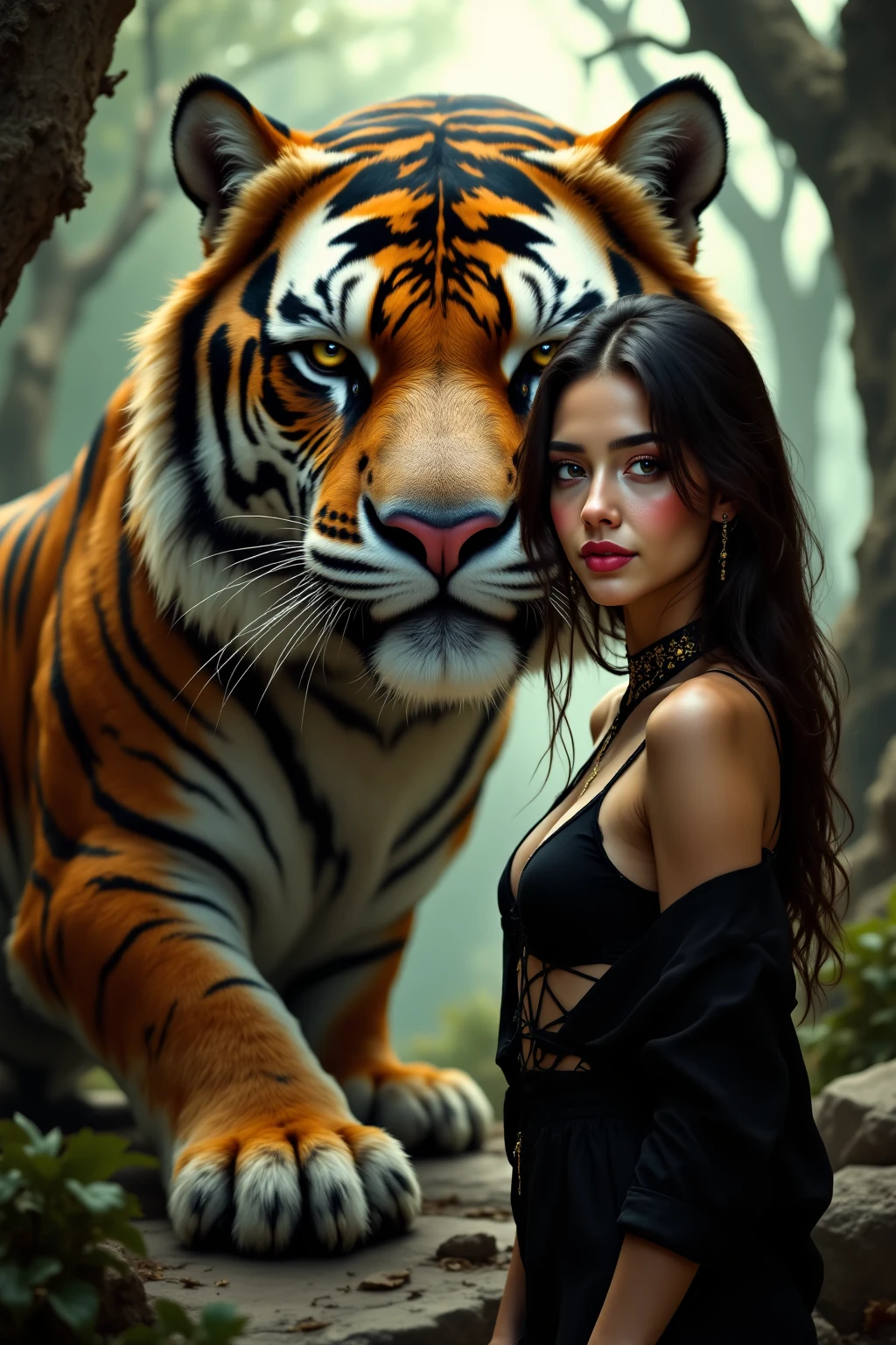 A woman poses side by side with a giant backtiger, Huge Pictorial Backdrop High Quality, Masterpiece, realistic, pictures, Extremely Detailed, oil painting, 4K, Professional Level, Rich colors, dramatic lighting, Fanciful Scenery, fantasy scene during treatment, dreamy, mystical,  Fantastic 