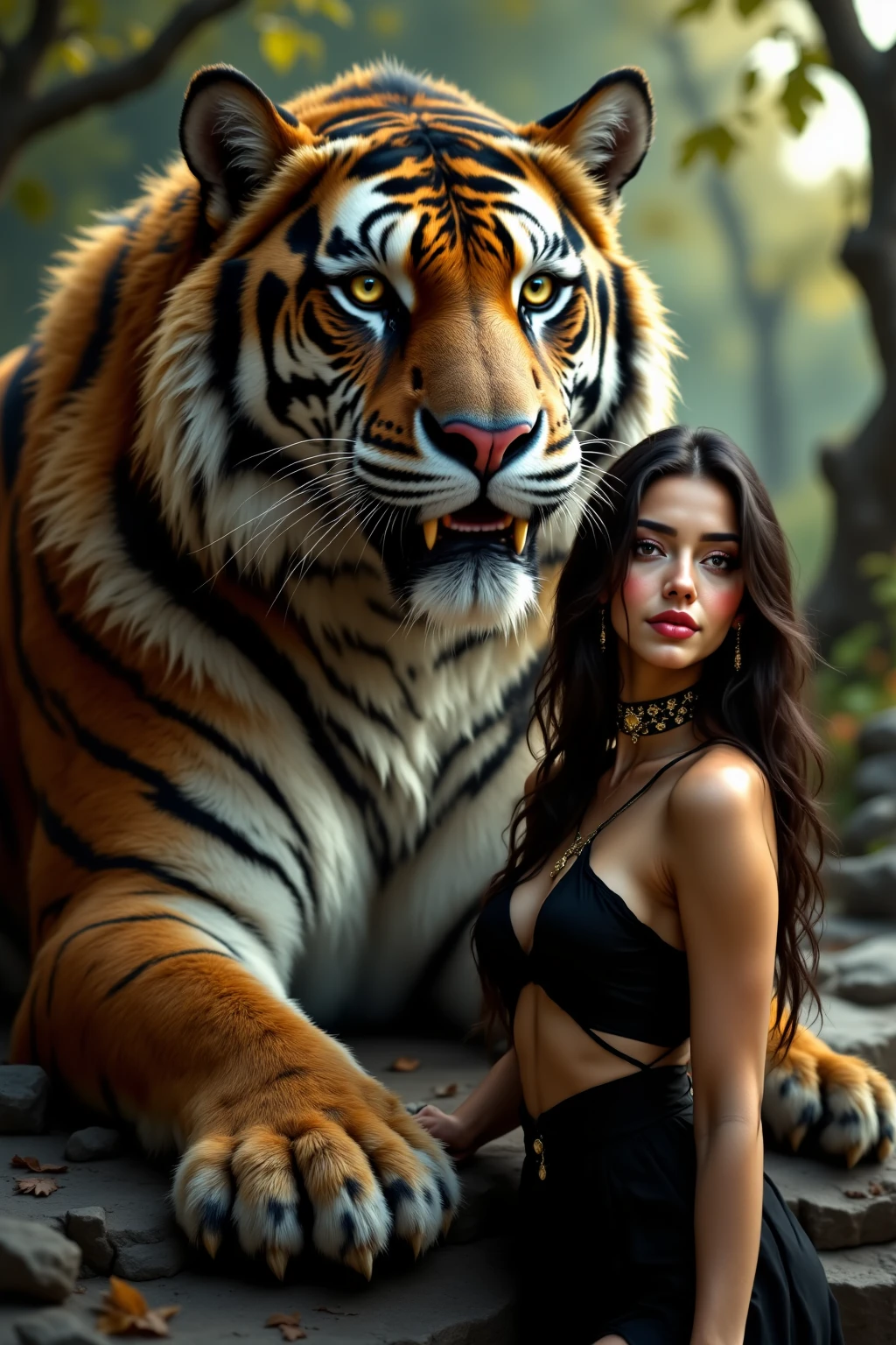 Sensuality and mystery: (linda mulher morena suando, olhos azuis e seios grandes, corpo inteiro, roupas transparentes, correndo no deserto com um tigre ao seu lado. (((Pele de menina suando muito))).), Star Formations, Alto Contraste , de Picasso, Gothic Revival Drama