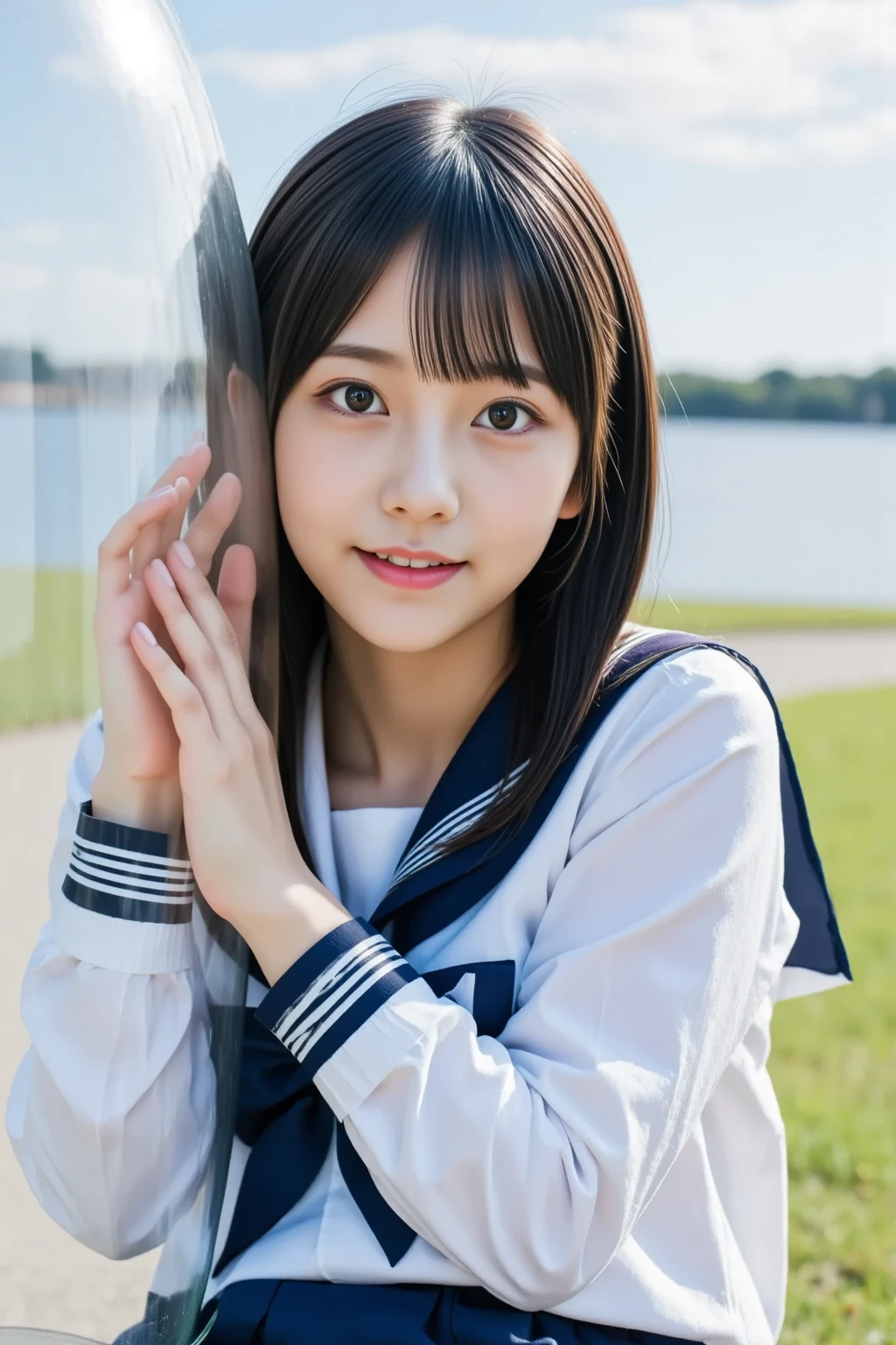 One girl、Black Hair、Japanese、bangs、Sailor suit、Seaside、