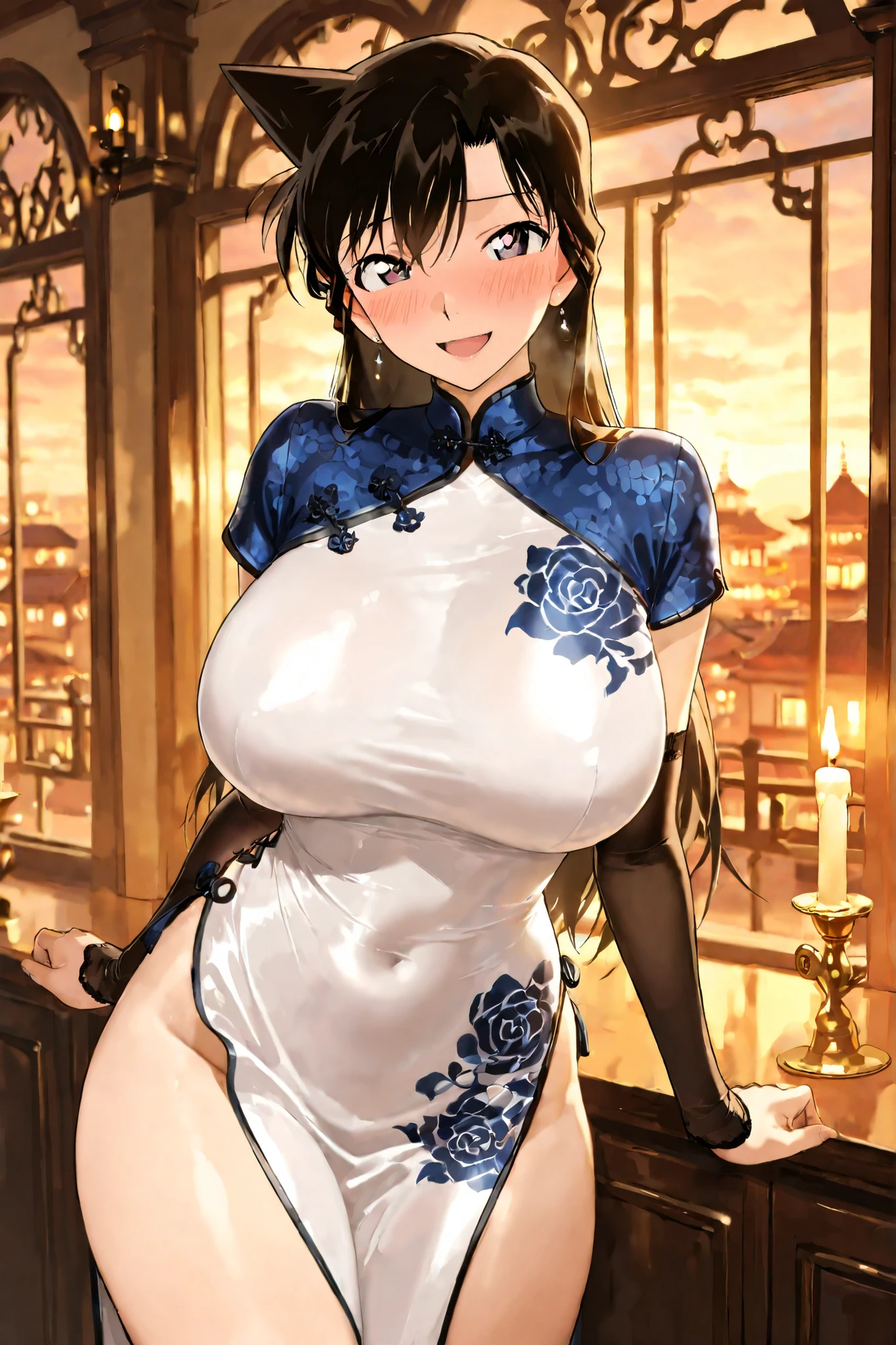 {{{masterpiece}}}, {{{best quality}}}, {{ultra-detailed}}, {illustration}, {{an extremely delicate and beautiful}}masterpiece best quality ultra detailed high resolution 4k 8k extremely detailed super fine illustration best quality large breasts openmouth embarrassed mouri ran, long hair, black hair seductive smile European-style building candle china dress