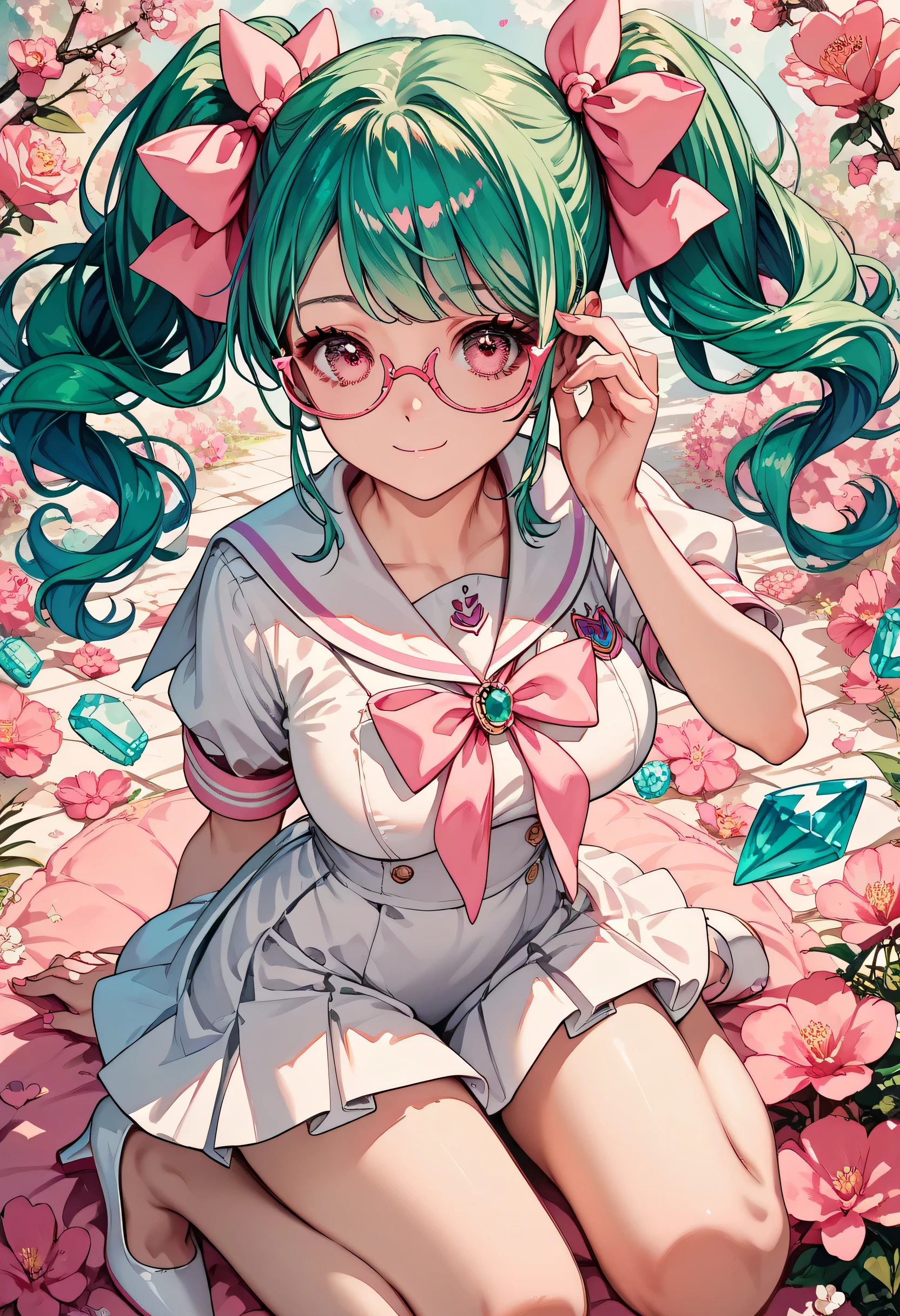 score_9, score_8_up , score_7_up ,source_anime,1cute girl, EMERALD hair, pattern ,twintail pink ribbon, expressionless, , cute white sailor suit with pink lines, miniskirt, pink eyes, white high heels,happy smile,glasses