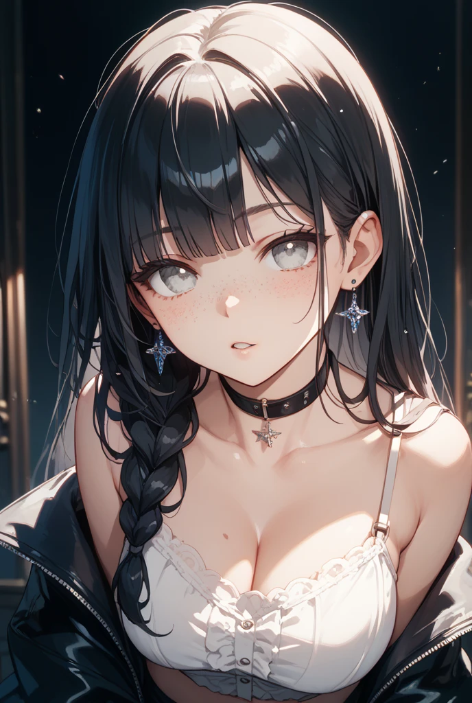 1girl in,A beautiful woman with brown skin with cloudy fluid on her face and chest,She looks embarrassed。&#39;looks like me&#39;i&#39;Looks like I&#39;m going to cry,Teary-eyed,red blush,Open your mouth a little,Cloudy liquid sticks to glossy lips,Cloudy fluid on the cheeks and chin,Accurately drawn face,A dark-haired,Colossal tits,Cloudy fluid drips on my chest too....,tre anatomically correct,perfectly proportions,Precise fingers,鎖骨,Small lace bra,thin and very fine lace,dog collar with chain around the neck.erotick,​masterpiece,hiquality,bustshot,