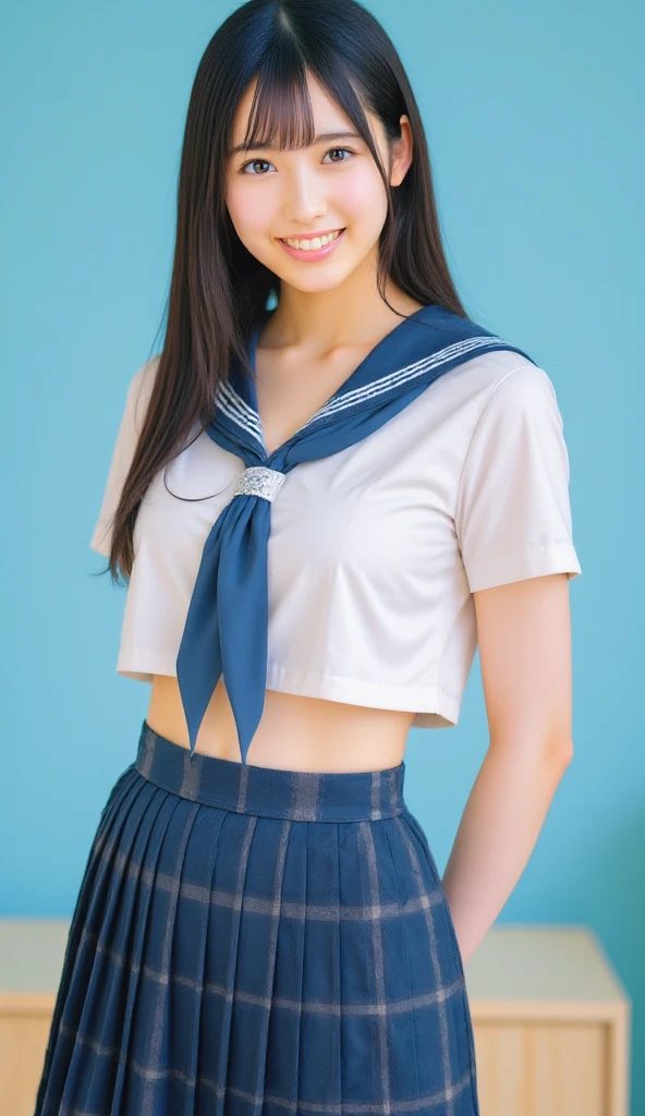 neat college girl, (school uniform, sailor uniform, ribbon tied at chest, summer uniform, upper body white, skirt is dark blue), outside the athletic field, (slim), photorealistic, detail, skin texture, ultra detail, delicate sexy collarbone, smile, super detailed face, detailed lips, detailed eyes, small breasts, small breasts, small, small, flat breasts, breast emphasis