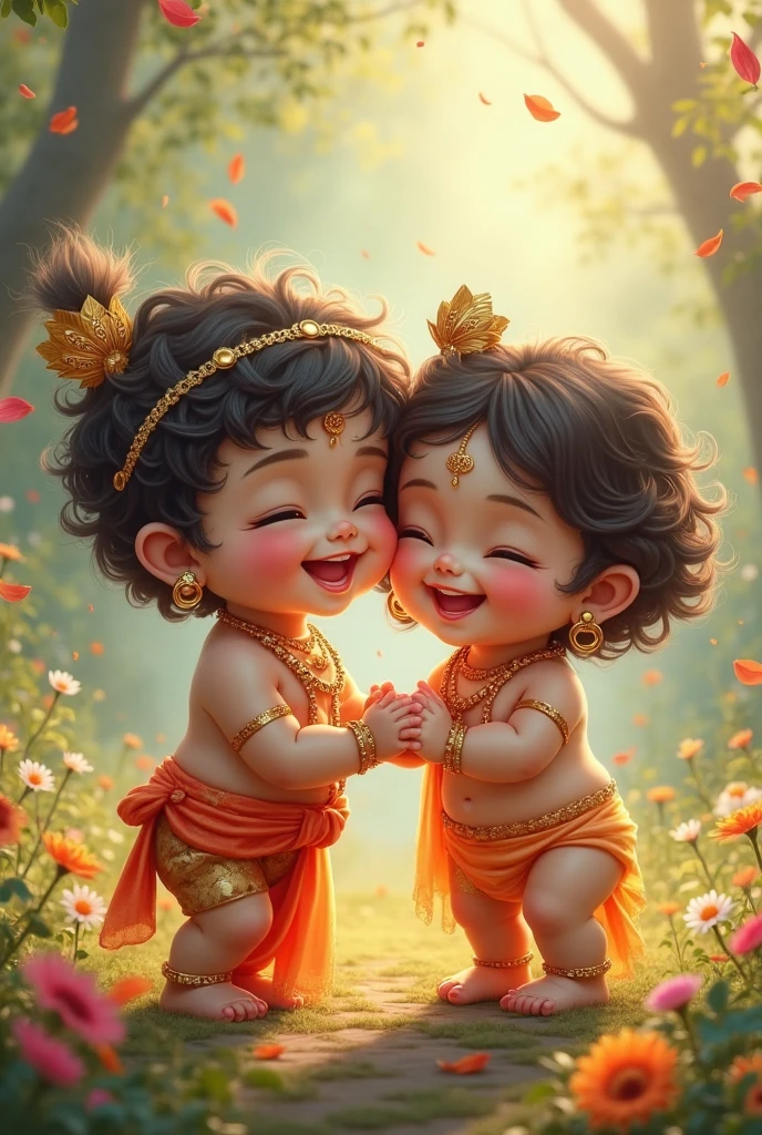 God small krisha and radhe while eating makhan both small baby