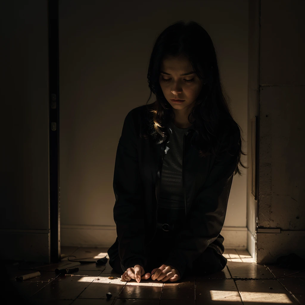 A 25-year-old girl sitting on the floor with tears in her eyes, holding pieces of a broken mirror in her hands.. She's in a dark, gloomy place. illustration.