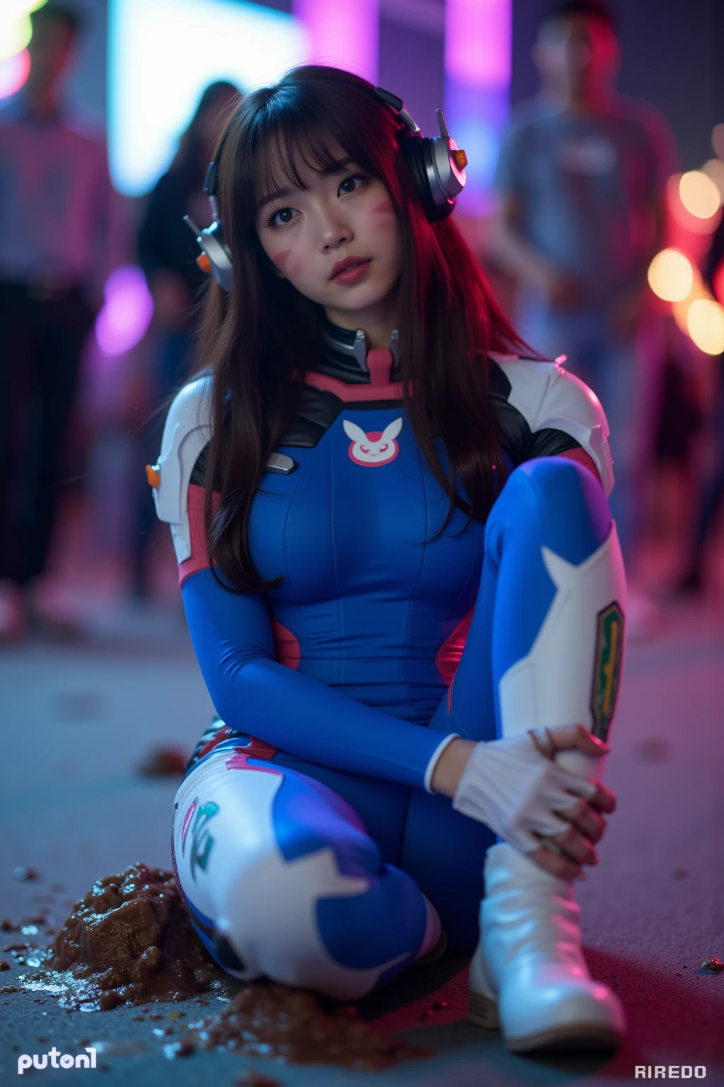 (8k, RAW photos , top quality, masterpiece:1.2), (realistic, photorealistic:1.37),Ultra A High Resolution,(angle from butt:1.5),full body,((Beautiful 21-year-old Korean woman excretes large amounts of poop {x} Beautiful 21-year-old Korean woman excretes large amounts of poop)),(Beautiful 21-year-old Korean woman crying while sitting on the ground with her butt turned:1.3),large amounts of brown liquid adhering to buttocks,Ground scattered with large amounts of brown liquid,(Pilot suit and ground dirty with poop),(my body is shaking),japanese,(Korean style makeup),Xiaoyan,Transparency,pure white skin,gray eyes,cute,idol,PORTRAIT,model,(Famous actress :1.4),(beautiful detailed face:1),(beautiful big breasts:1.3),( radiant skin:1.1),Gloss,( long limbs),( slim),(thin waist),pink lips,straight long hair that straddles a triangular rocking horse,bungs,ぱっつんbungs,glossy black hair,(perfect face:1.4),((D.va costume :1.3)),(((Dva. She wears headphones and a blue and white science fiction bodysuit and white higheels boots.:1.5))),(( tight pilot suit :1)),(big ass),(Detailed D .va is intricately worn:1.10),( thin legs), white leather boots ,(((ロゴの多い tight pilot suit ))), white leather gloves ,Details of beautiful Korean women who excrete large amounts of poop,Details of the ground dirty with poop and pilot suit,large audience,(Midsummer Night),(neon light),detailed background of an outdoor event,painful expression,is crying