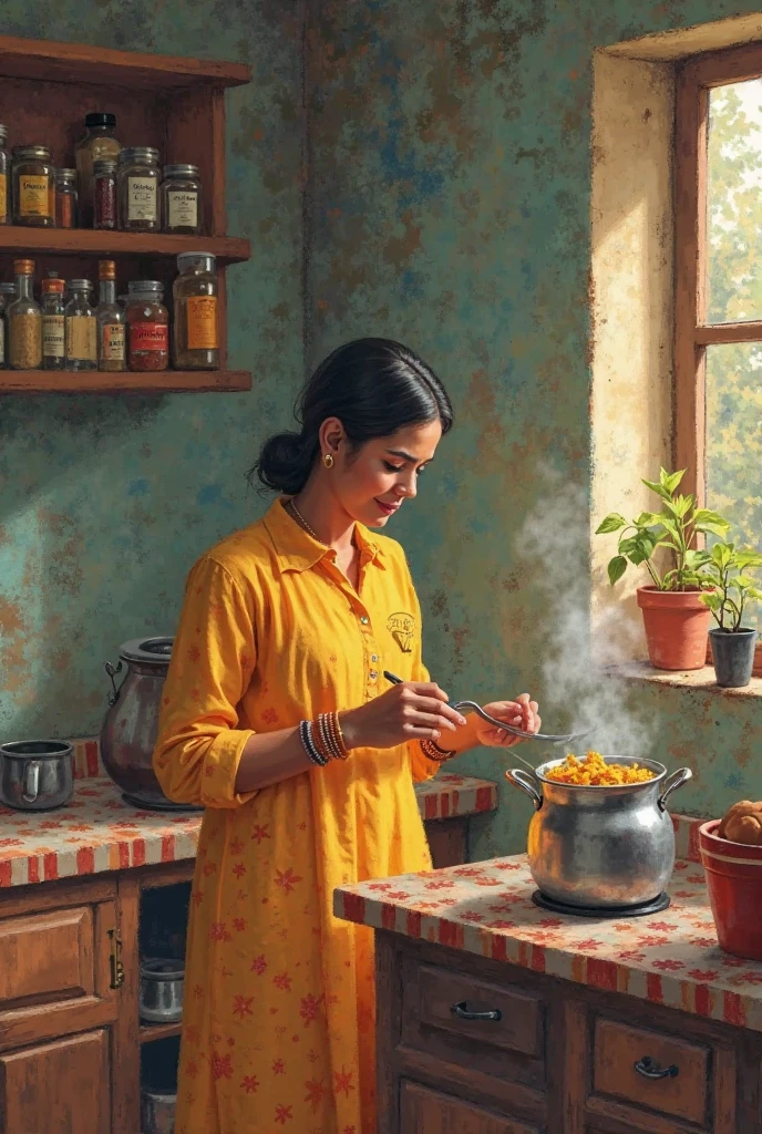 Mother boiling ghee in kitchen, smell of ghee is spread in room