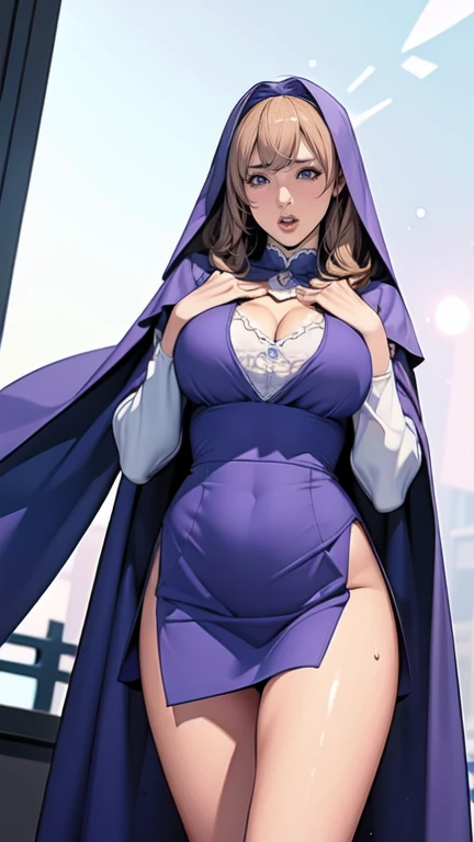 Mulher pregnant com vestido roxo gigante, high qualiy, awardwinning, high resolution, 8K , standing alone, 1woman, from the front, mellow, milf, purple cropped hair, blue colored eyes, long cloak decotado , tall woman, 29-years-old, milf, cuvilinear body, massive huge tits, huge ass , big-ass, pregnant, cabelo roxo, long cloak, hinterland, dress covers the legs, seducing gaze