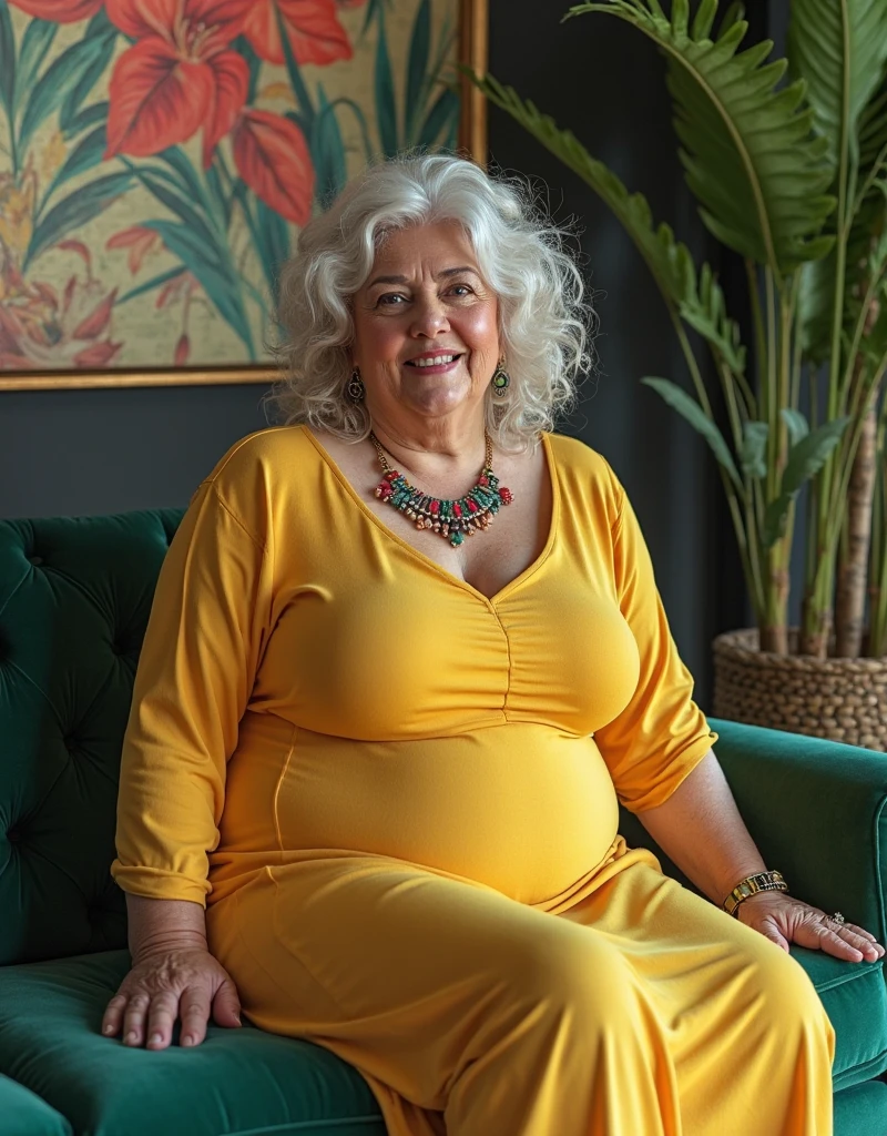 mulher branca idosa de 70 anos, cabelos grisalhos em coque, She's wearing a dress and has an eight-month pregnant belly, She's sitting in an armchair in her room, pele enrugada, olhando pra frente, foto frontal, 8k
