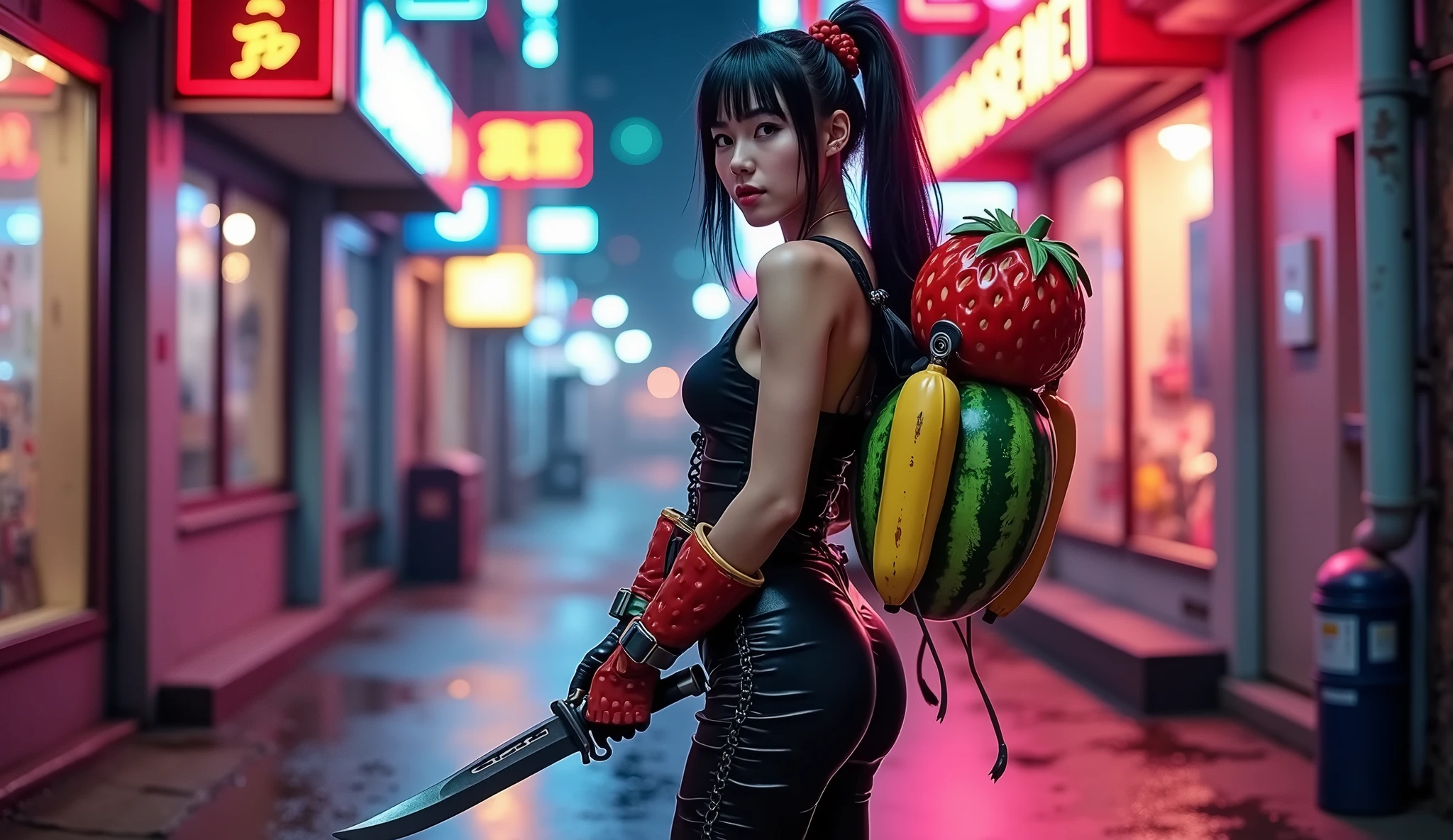 A stylish female warrior wearing black pantyhose, standing in a neon-lit cyberpunk alley at night, viewed from a low angle. She is dramatically posing with a banana-shaped knife in hand, a giant strawberry bazooka on her back, and watermelon grenades attached to her belt. The scene is vibrant and colorful, with glowing neon lights reflecting on wet pavement. Dramatic lighting highlights her fruity arsenal, emphasizing each weapon with a cinematic glow. Pop-art style, high detail, vibrant neon colors, dynamic composition. :: nsfw, nude, , bad anatomy, extra limbs, blurry, distorted, lowres, jpeg artifacts, deformed face, fused fingers, extra fingers, multiple heads, missing limbs, bad proportions, poor lighting