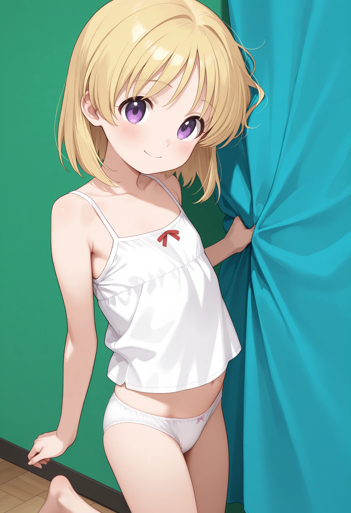 classroom,1girl, kinomoto sakura, solo,white panties,white strapless bra, green eyes, pussy, brown hair, , short hair, navel、flat chest,blush,,antenna hair,closed mouth,,looking at viewer,,smile,arms behind back