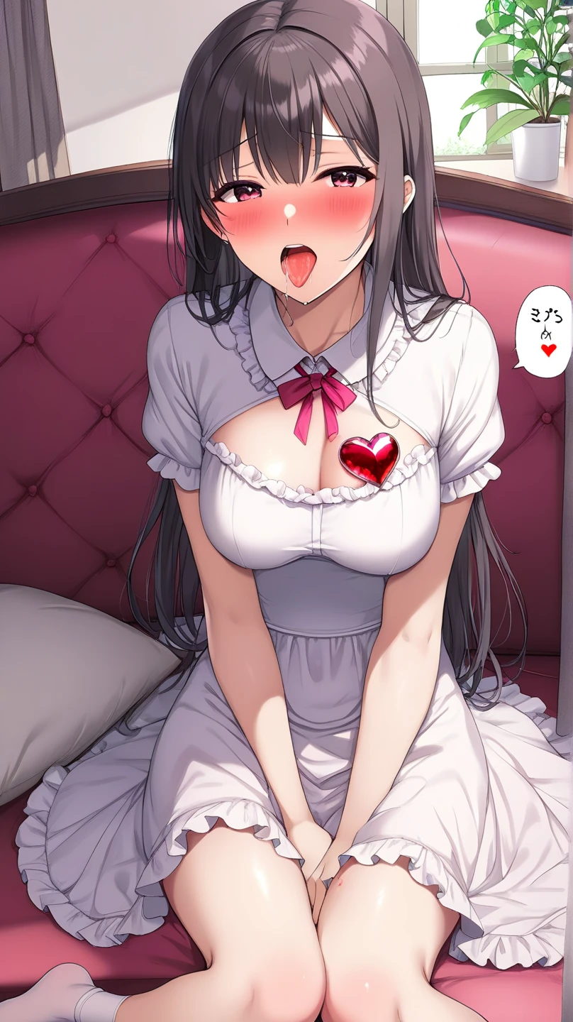 ((best quality, ultra-detailed, photorealistic: 1.39), bright and vibrant colors, studio lighting, romantic expression, An effeminate girl, with a delicate and beautiful face. She is a girl who reflects seductive beauty, sparkling eyes, extremely beautiful woman, a beautiful woman with her long wavy black hair with a clip, her large breasts are seductive, her greenish eyes match her mischievous smile, wearing a pink strapless blouse, and a pair of lace shorts, holding a heart pillow, in a pose on the stairs of home, living room, she is in love, anime style, Anime Bishoujo
