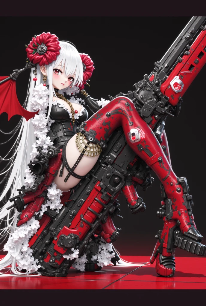 Fighting nuns。Chainsaw in hand。Hold a big weapon。Yandere Face。A smile。bodystocking。The navel is visible。red eyes。Chain Array。Tangling chains。sharp claws。Sexy。Dark indoor。