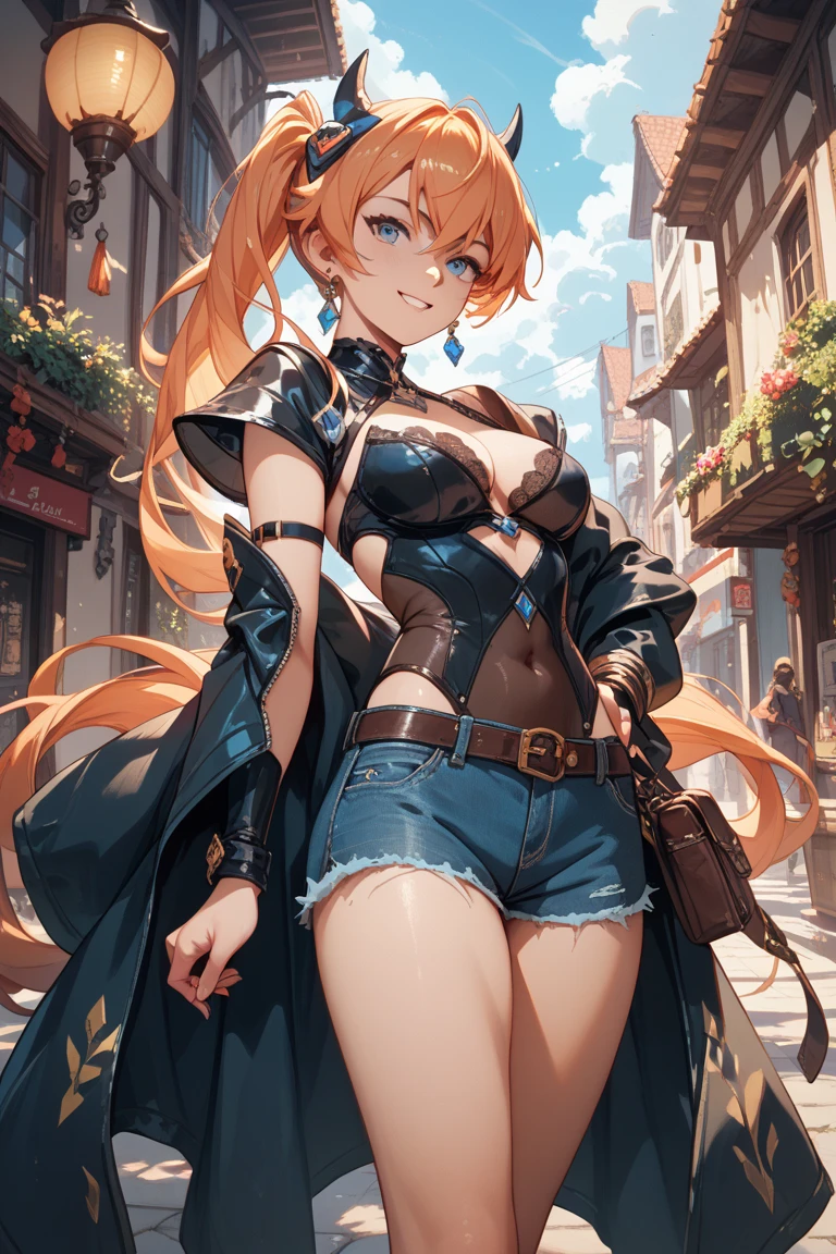 (masterpiece), (highest quality), (illustration), (super detailed), (high resolution), absurdity, 1girl,maple \(bofuri\), itai no wa iya nano de bougyoryoku ni kyokufuri shitai to omoimasu,fantasy town,high ,castle walls,night,blush,shocked,cowboy shot,big breasts,cleavage,hands on head,long hair,orange hair,blue eyes