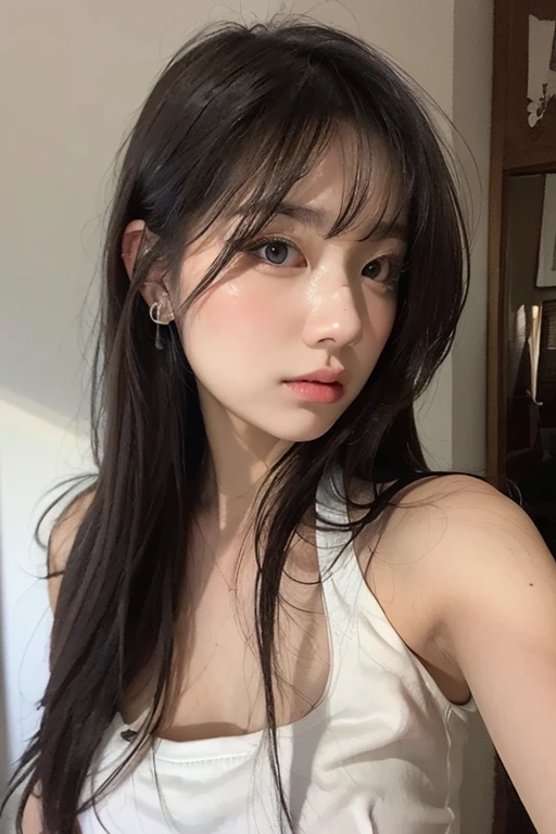 there is a woman with long hair and a gray blouse, Ulzzang, she has black hair Com franja, neat hair Com franja,  coreana, corte de cabelo preto hime, Com franja, Jaeyeon Nam, o corte Hime, dilraba dilmurat, franja fofa, Heonhwa Choe, com franja completa, garota cara fofa