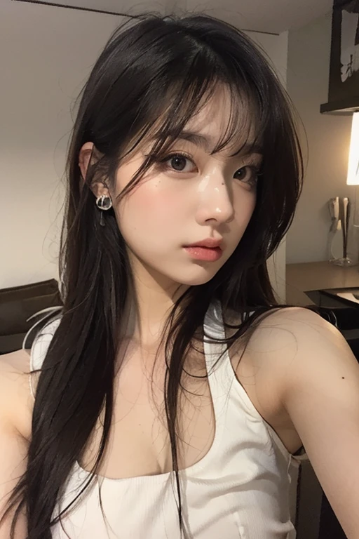 (top-quality、​masterpiece:1.2)、femele、portlate、natta、Dark bedroom、Kana Hashimoto、large full breasts、Tank tops、real looking skin、realskin、Detailed skin quality、A dark-haired