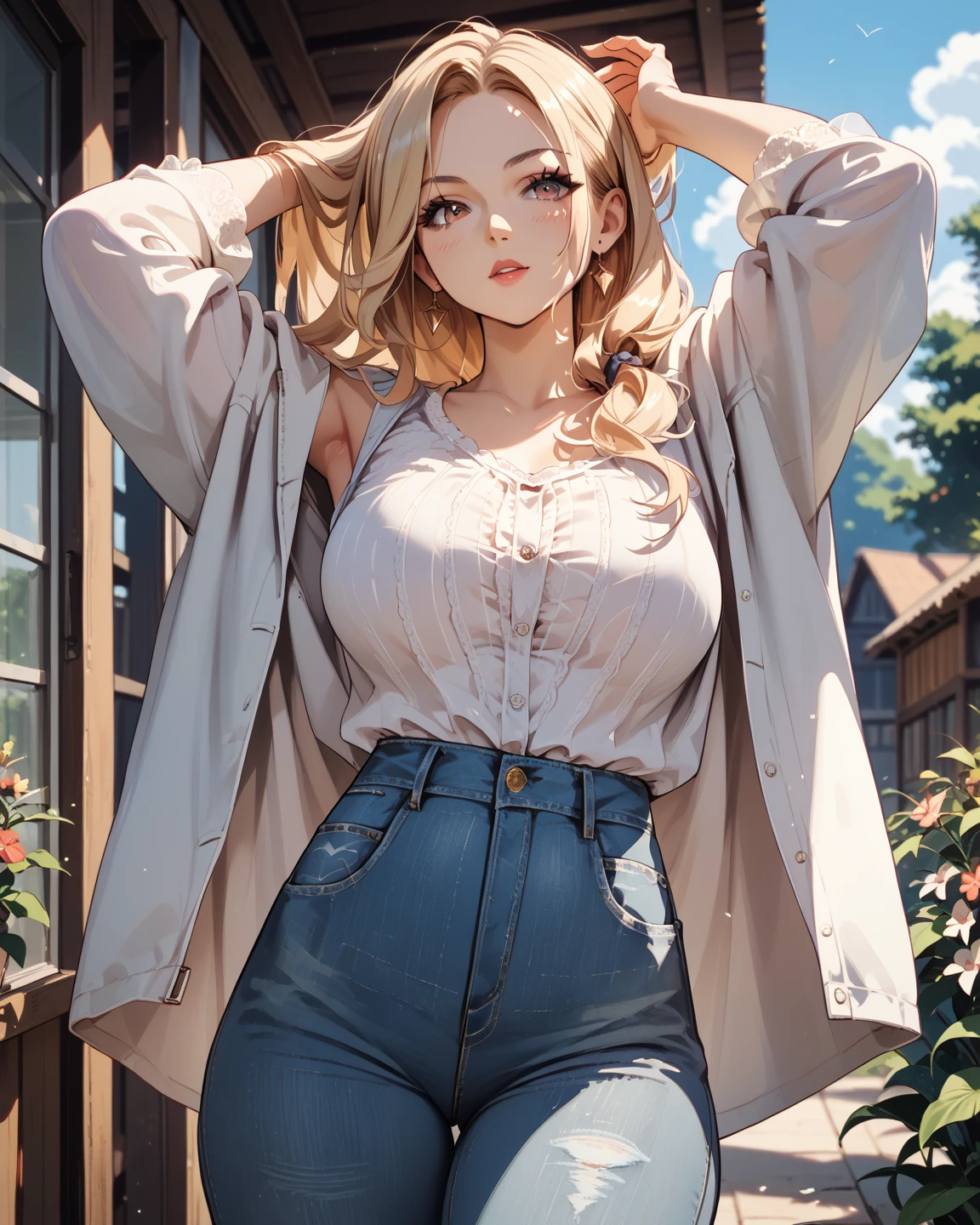 (8k, RAW photo, 最high quality, masterpiece:1.2), High-definition RAW color photo, Professional photo shoot, cinematic light, alone, (((young woman))), (detailed expression), (round eyes), (small face), (high detail skin:1.2), clavicle, cute face, beautiful appearance, long eyelashes, (blonde, wavy hair, Hide one eye with bangs, blue eyes), (red earrings), (slim body shape:1.4, A woman with a slender figure and big breasts), very detailed顔と肌の質感, fine eyes, double eyelid, joy, (((Fun time, smile))), ((facing the front:1.2)), ((photo shootのためポーズをとる)), (In front of the concrete wall:1.5), (((blouson_khaki, High waist denim pants))), ((photo shoot, whole body)), Stand in a pose:1.2, beautiful skin, shiny skin, perfect fingers, five fingers, anatomically correct, background bokeh, high quality, surreal, bright colors, ((Nikon, 135㎜, f/1.8, very detailed, photo shoot)),