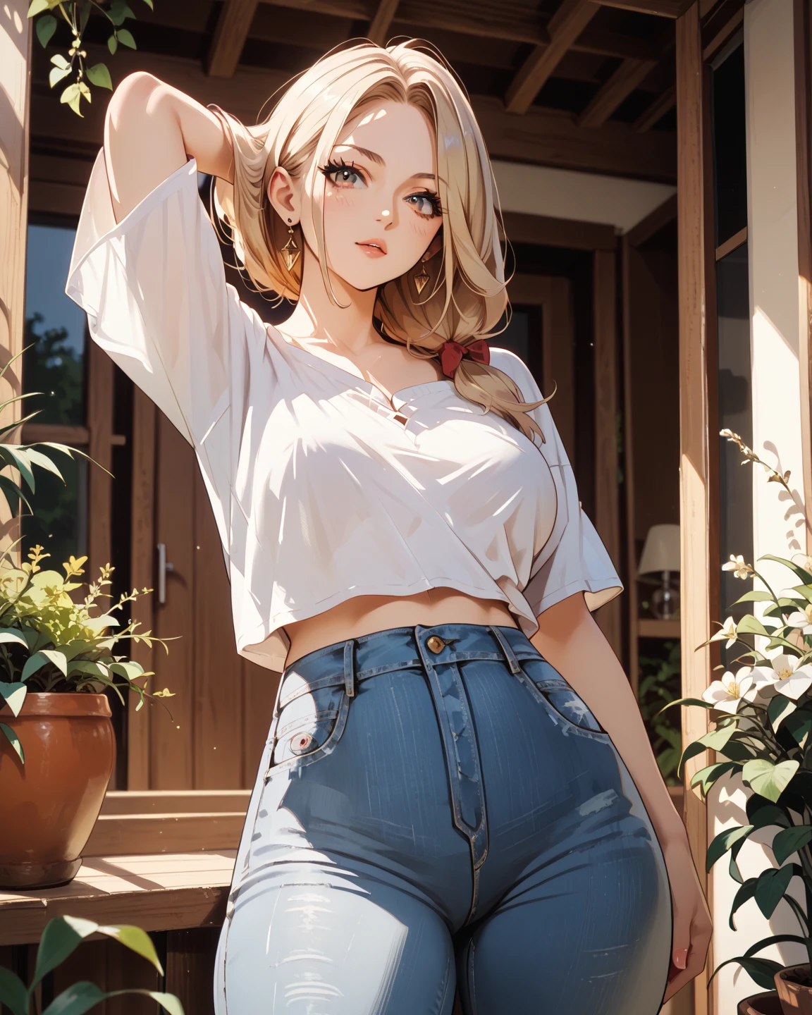 ((highest quality)),(ultra high resolution),(Super detailed),(detailed description),((best CG)),(best work of art),super precision art,amazing drawing art,(Fashion art with precise details:1.5), (1 female model:1.8),(Beautiful and well-proportioned face:1.6),glamorous body:1.6,(Shoulderless shirt with precise and detailed depiction:1.8),(jeans:1.5)