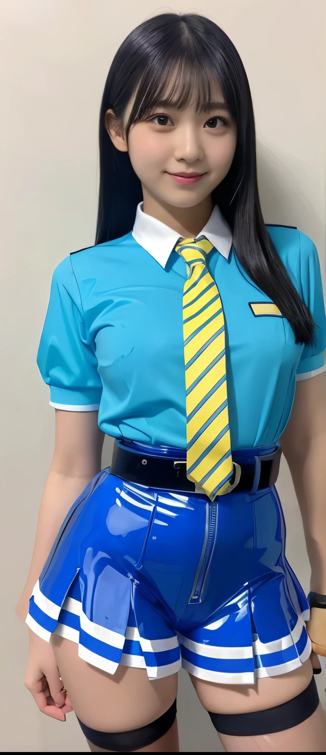 pure idol girl、A pure girl's face、 hypo、、fluorescent blue striped latex tight shorts uniform、shirt with tie、Diamond Belt、Glowing、