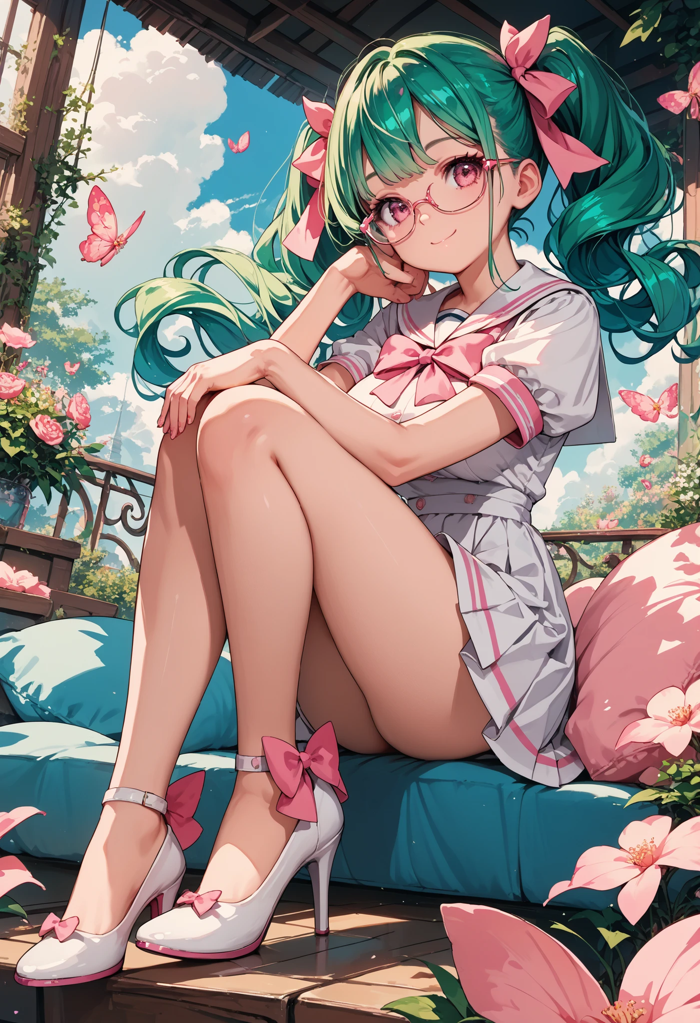 score_9, score_8_up , score_7_up ,source_anime,1cute girl, EMERALD hair, pattern ,twintail pink ribbon, expressionless, , cute white sailor suit with pink lines, miniskirt, pink eyes, white high heels,happy smile,glasses,from side