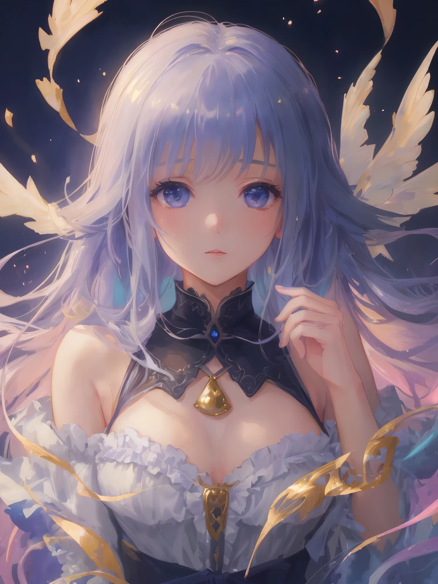 A princess with a delicate and beautiful face, large eyes, and translucent skin is looking up at the moon from a castle, enchantingly dressed in a traditional and glamorous medieval European dress and wearing a large hair ornament. A gentle, warm light surrounds the princess. The background is filled with soft out-of-focus light, and the pale blue and purple tones create a dreamy, serene, and enchanting atmosphere. Fireflies glowing in the moonlit night surround the princess, adding to the magical and ethereal atmosphere. Emphasis on the armpit and clavicle