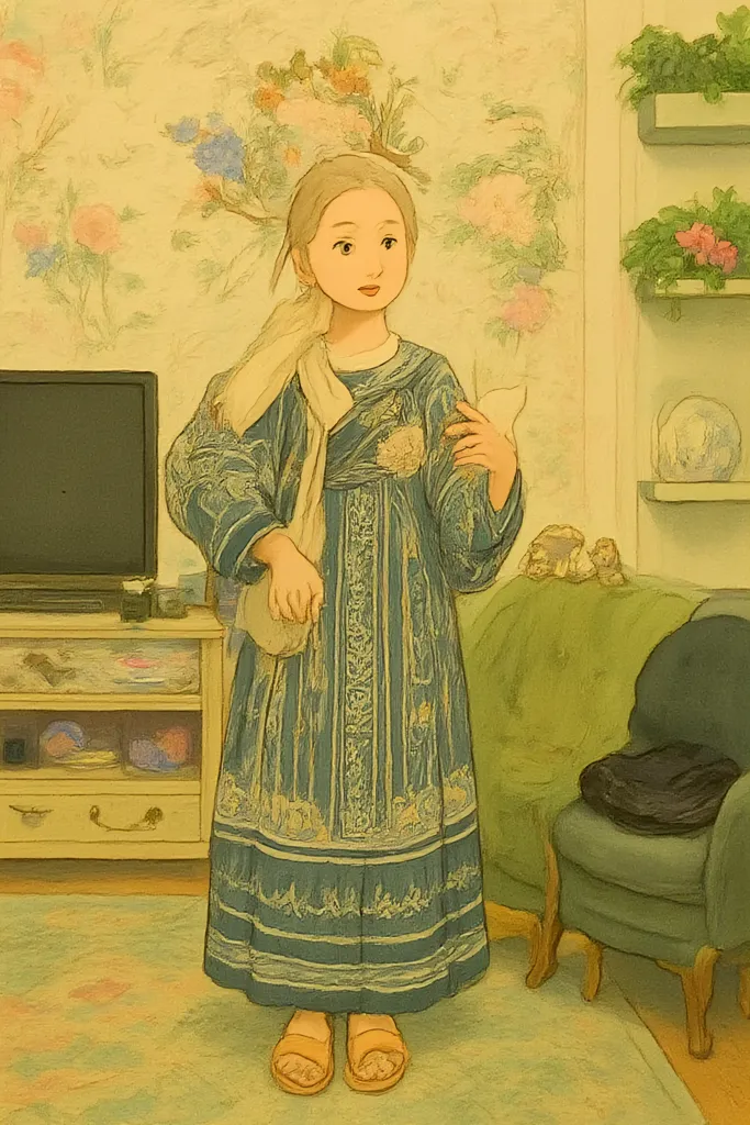 A little Chinese girl，Two twisted braids，There is a blush on the face，Blue ethnic shirt pants，Standing in the doorway，It was sad to watch the heavy rain outside the door，The girl lives in the village house，The house is an old wooden house，Surrounded by mountains and waters，