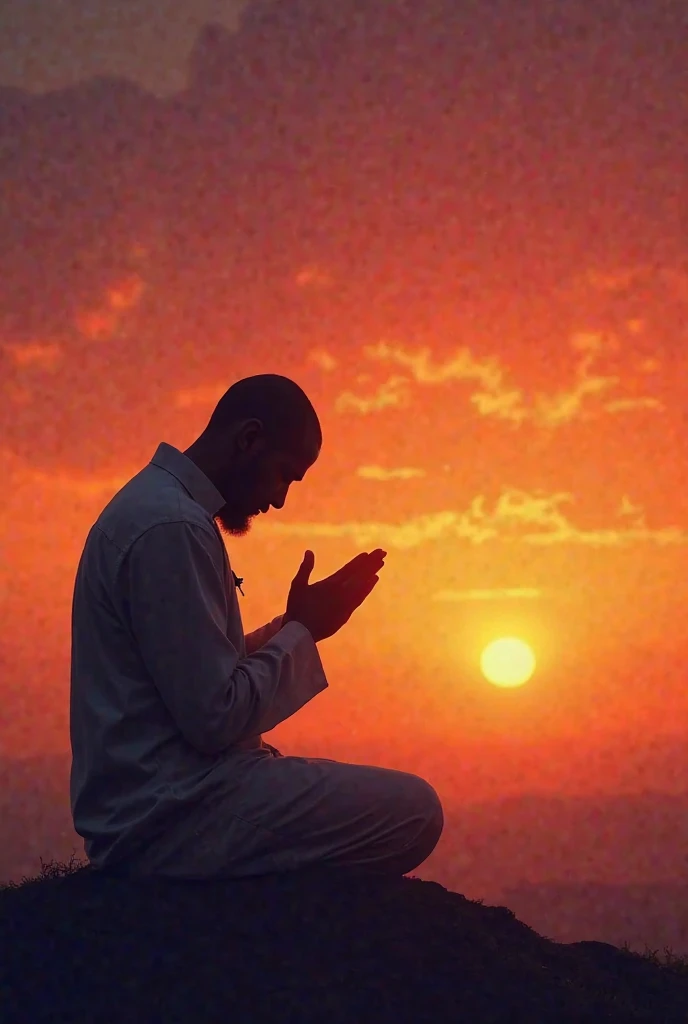 A Muslim was praying in the morning with the soft light from the sky illuminating him, while the dark shadows around him were dispelled by the light.