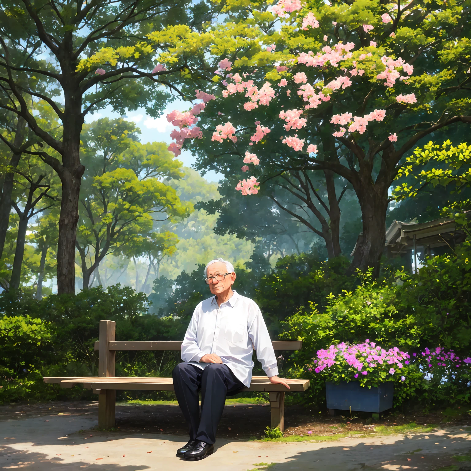 Elderly Chinese man sitting on the side of a cherry tree
