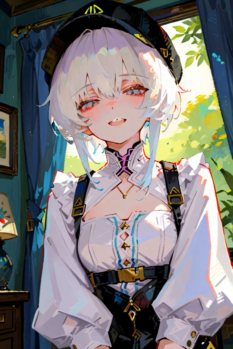 Adult woman with short white hair mulllet down the nape of her neck, a turquoise eye, serious expression, queen decorations in her hair, wearing an elegant dress with 18th century cream-colored neckline and lace.