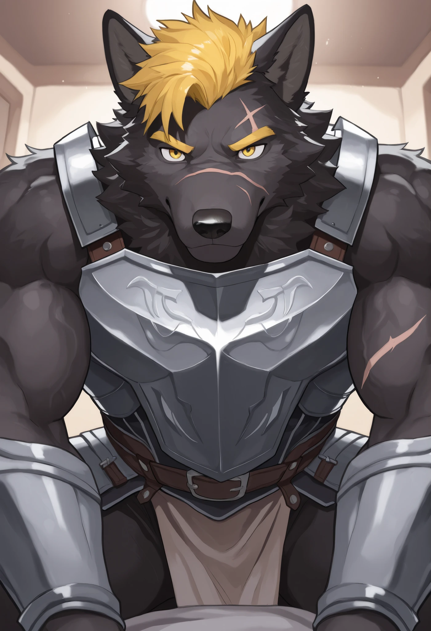 1 boy , alone , human furry , Wolf , black fur , , Dark pattern , yellow eyes , Eye with Scar , yellow hair , yellow eyebrows , Sturdy , muscular 。 knight , grey armor 。 Confident Gesture、 masterpiece , in your own home ,