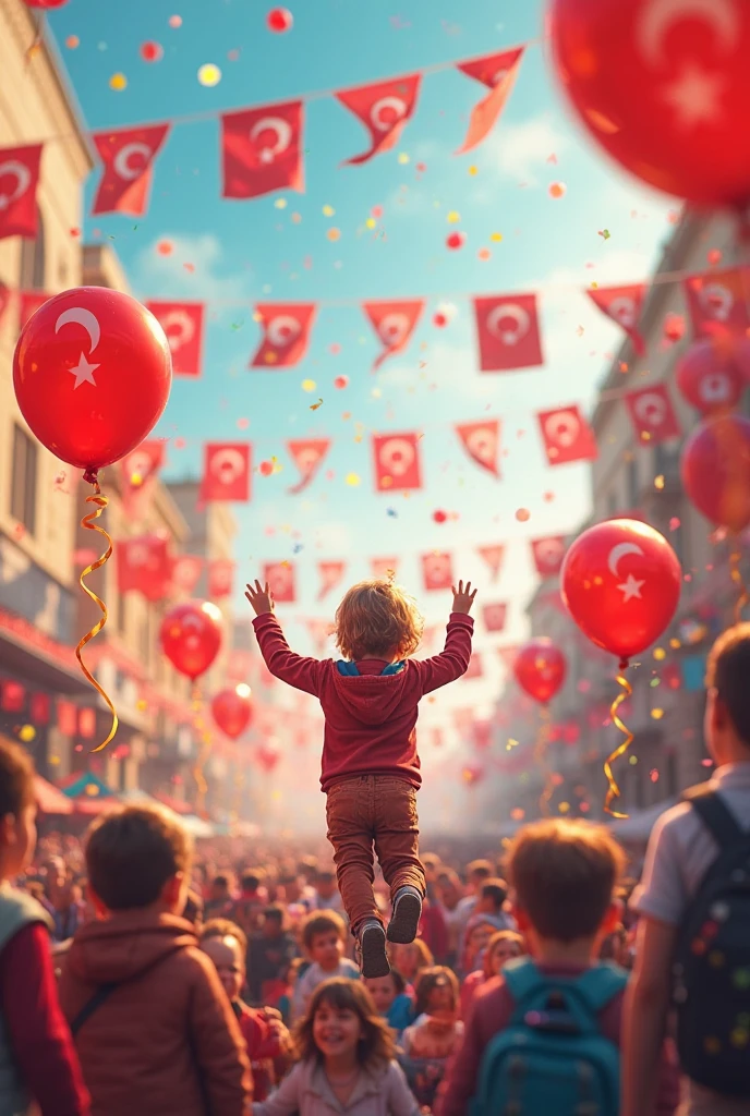 A small child is running carrying a red and white flag, while laughing.and lots of purple balloons around it.
Written with the title THE CEREMONY.