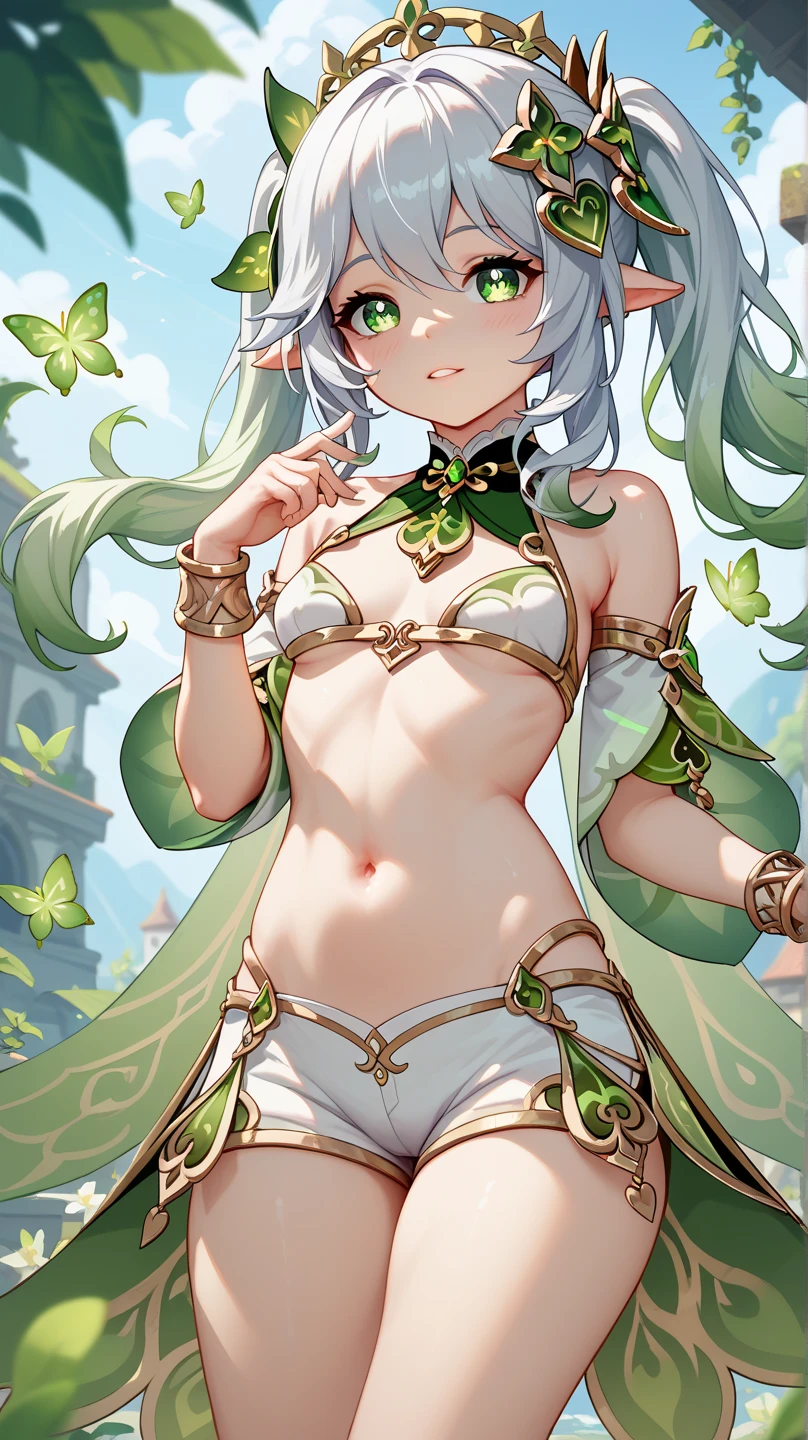 (Masterpiece), Best quality, Expressive eyes, Perfect face, 1 girl, small breast, C-cup, Good breasts, Beautiful, Gorgeous, anime small breast, Girl, the lora, floating clothes, Tent box, Nahida Ende, nahidadef, hands on waist, Hands on hips