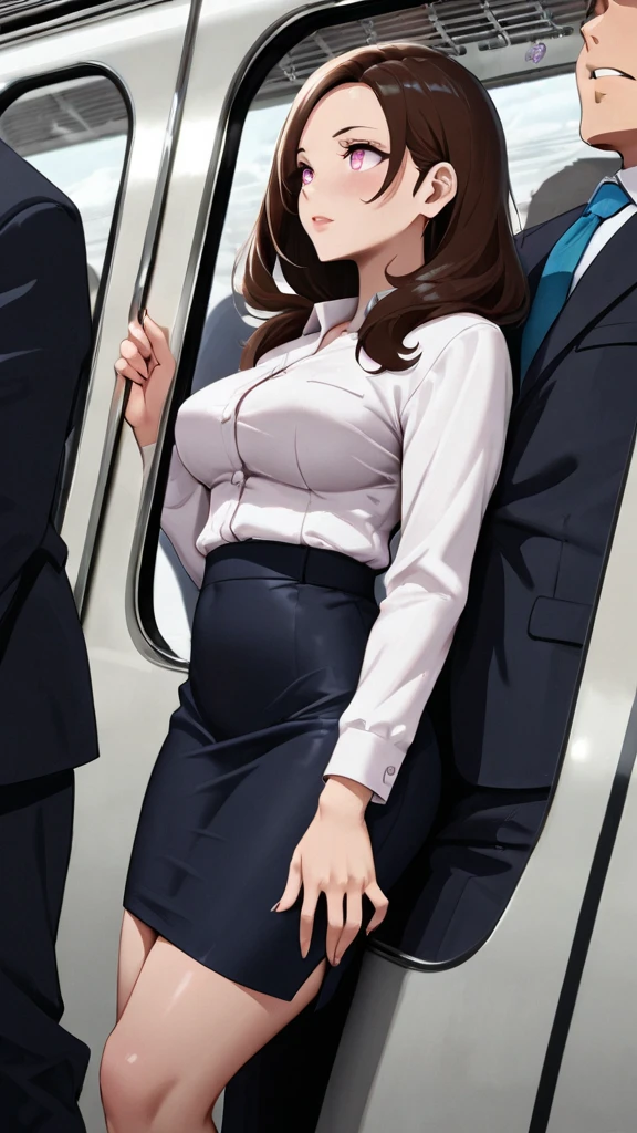 1 female, 40 years、very detailed顔、lip details、detailed eye、double eyelid、(black bob hair、Walk slowly down the aisle with a smile on your face)、(stewardess uniform:1.2)、(glamorous body)、(big breasts)、thighs thighs thighs, Exactly, perfect image realism, With background: (airplane business class aisle:1.2), cowboy shot, Detailed background, detailed costume, perfect lighting、hyper realism、(Photoreal:1.4)、8K maximum resolution, (masterpiece), very detailed, Professional, butt facing camera, waist shot, Rear view, ((satin pencil skirt))、pink nipples、