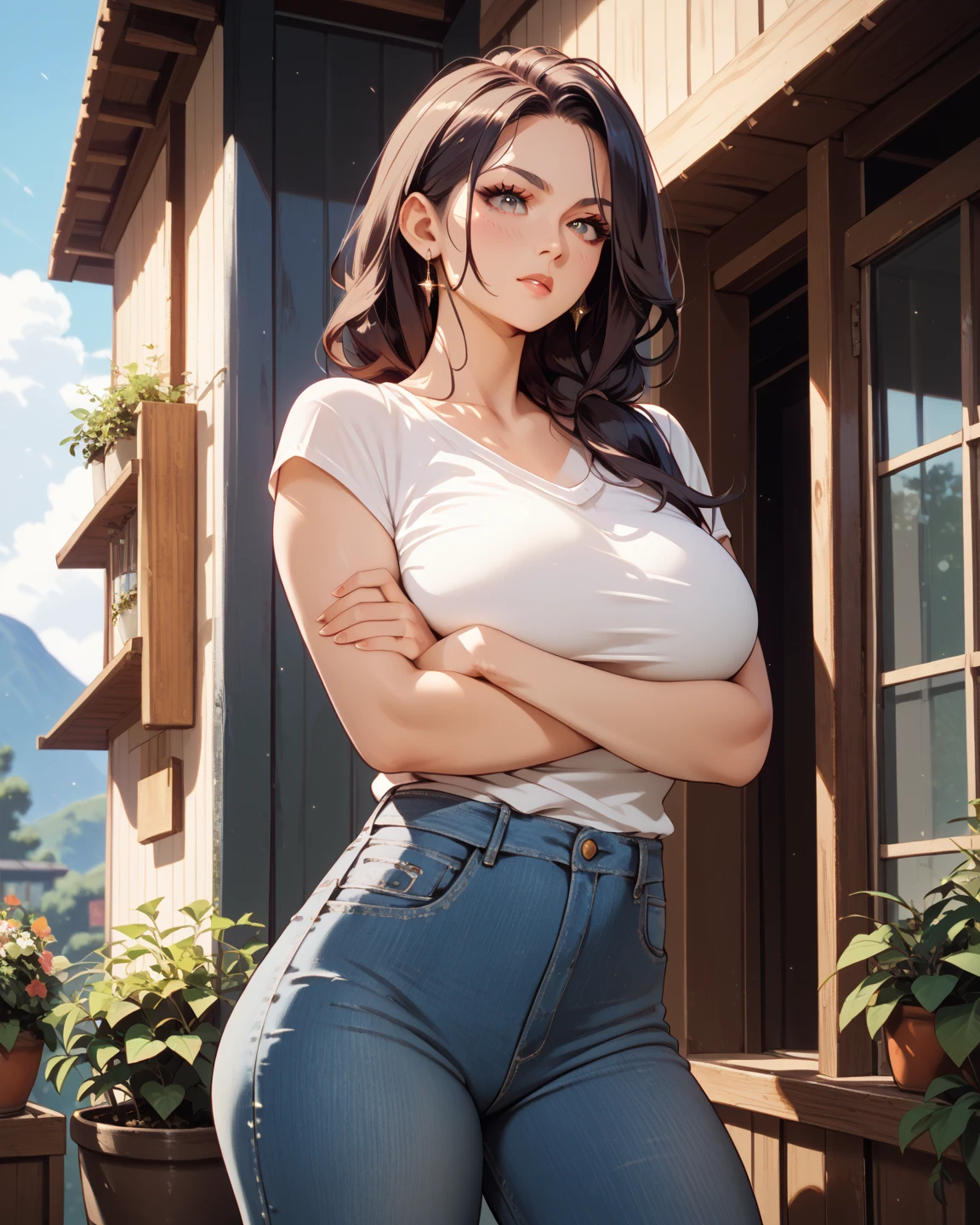(obra-prima), melhor qualidade, olhos perfeitos, rosto perfeito, 1 menina, (olhos castanhos: 1,4), (mature appearance, delineador, peituda, decote, huge, droopy breasts, bunda grande, sobrancelhas arqueadas, nariz arrebitado, cabelo ruivo, longo cabelo, braided ponytail), (sardas, sardas claras no corpo, sardas no peito: 1,3). (garota do campo "brejeira", peasant top, espartilho, medium length ripped denim shorts:1.2). (piscando, sorriso relaxado1,5). (Medium Close-up, foco nos seios, pov:1,6). fundo fazenda no campo .