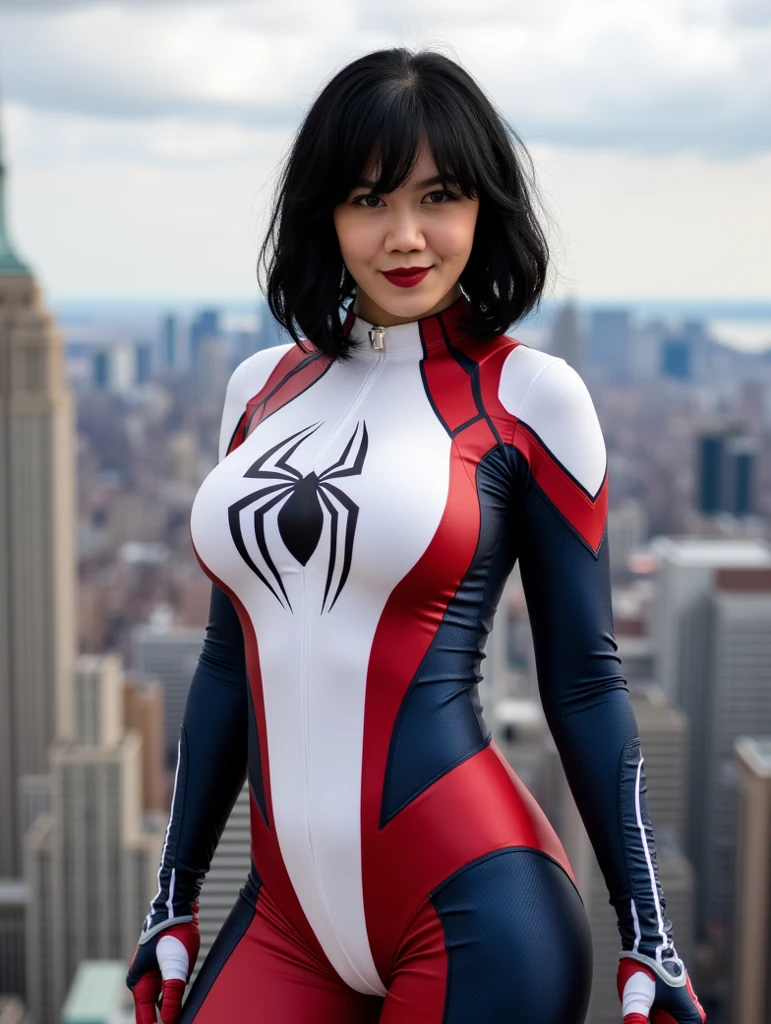 4K, realista, charismatic, muy detallada, jnfrlwrc woman en la cima de la ciudad, con traje de Spiderman, She's a Spider-Man, White superhero theme, cabello largo blanco, 25-years old, cuerpo completo