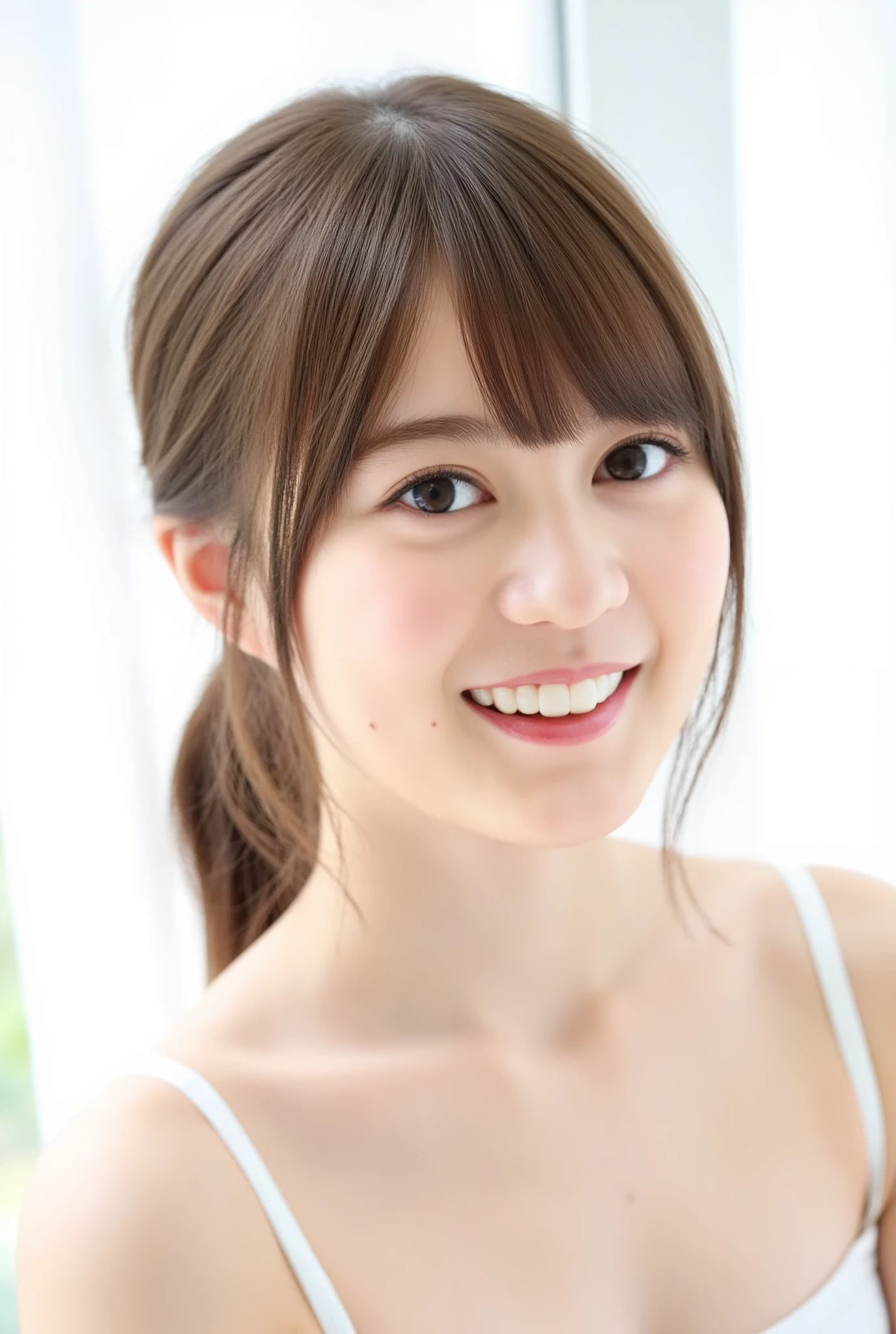 In this high-resolution photo、and bangs _Erica. she's a young Japanese woman named Ikuta with brown hair that reaches her shoulders、((white underwear))、I have white skin. She is looking straight into the camera、 with a joyful expression. The background is blurry, It looks like a window with white draped curtains. The lighting is soft and natural , The overall atmosphere of the image is calm and quiet. the whole image is bright and soft . ((ponytail hair))