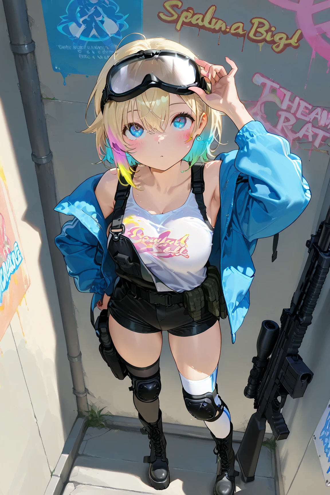 Perfect Anatomy Highest quality,Highest Resolution,(((competition swimsui boots))) Metal Max 2:Reloaded Lena gun Blonde short Blue Eyes C cup Toned 16 years old