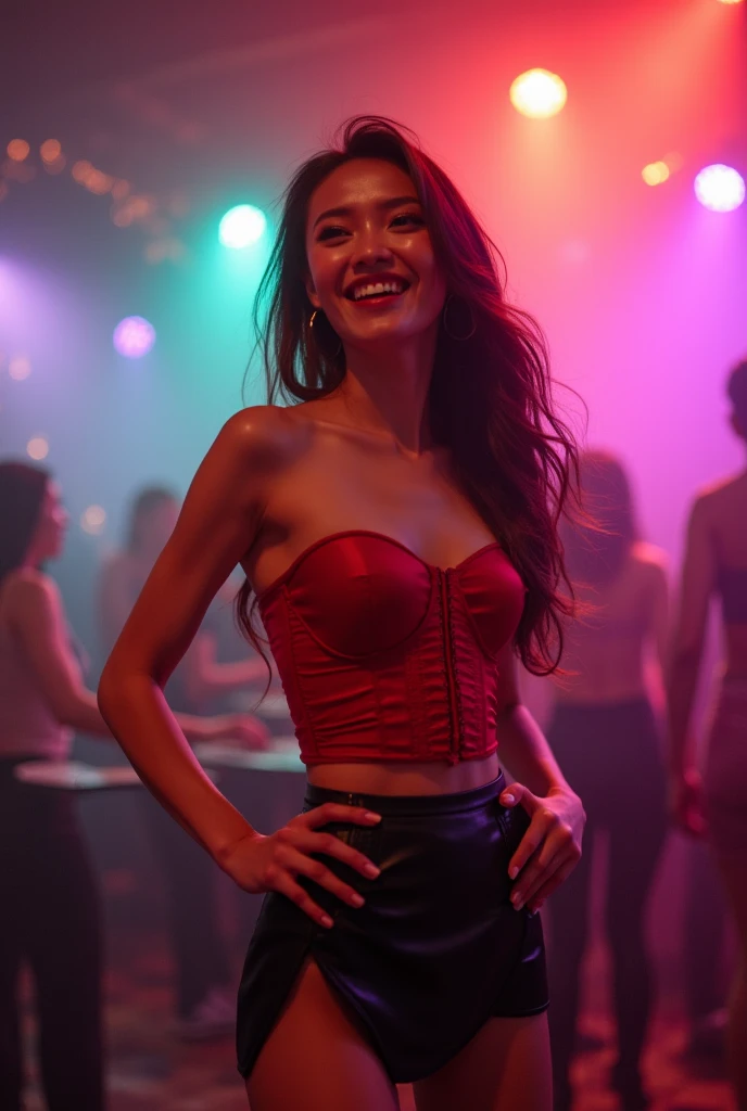 Girl with lingerie in the shape of valentines hearts in a crowded club