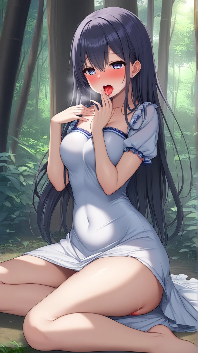 big breasts:1.5、、highest quality、very detailed、Very realistic eye masterpiece、highest quality、very detailed、gray hair、perfect face、long hair、white dress、sundress、anime、countryside、clear、slender、love juice、nsfw、Hard 、from below、masturbation、love juice、Pussy、sticky liquid、Pee、Climax、Holding clothes in your hands、frills、Chin Chin、penis、Futanari、man's daughter、dick