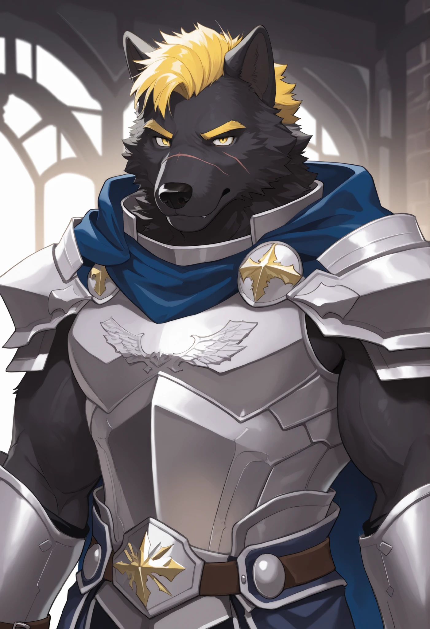 (((by zackary911, anime))):1.5, blaiddwolf, blaidd \(elden ring\), elden ring, black nose, black fur, facial hair, fangs, teeth, colored sclera, purple eyes, scar, facial scar, canid, canine, canis, mammal, anthro, naked, front view, pecs, (((detailed tail, fluffy tail, wolf tail))), (armor, blue cape, armored pants,)