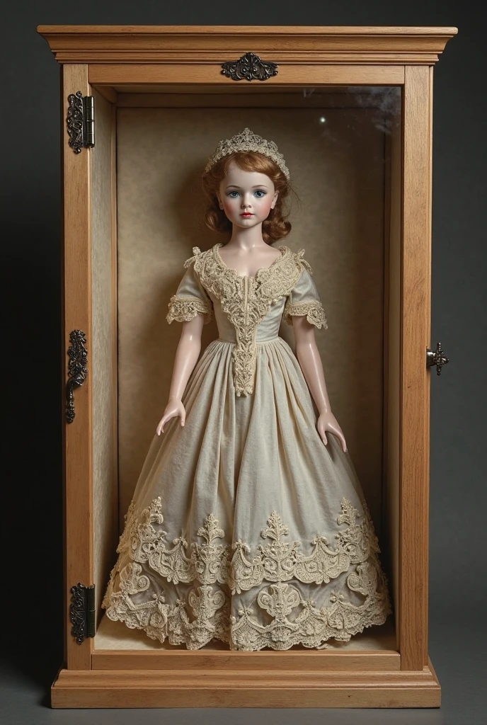 best quality,Super detailed,Wooden mechanical doll in display case,antique retro,porcelain doll-like,Carefully crafted,polished mahogany veneer,Detailed joints and gears,Beautifully carved surface,Exquisite facial features,brass accents,Authentic vintage clothing,Gorgeous buttons and lace,The paint peels,Gives a weathered appearance,Realistic porcelain texture,Old world charm,Carefully drawn eyes and lips,Delicate porcelain skin tone,timeless masterpiece,studio lighting,bright colors,Warm and rich color palette,Soft and subtle lighting effects